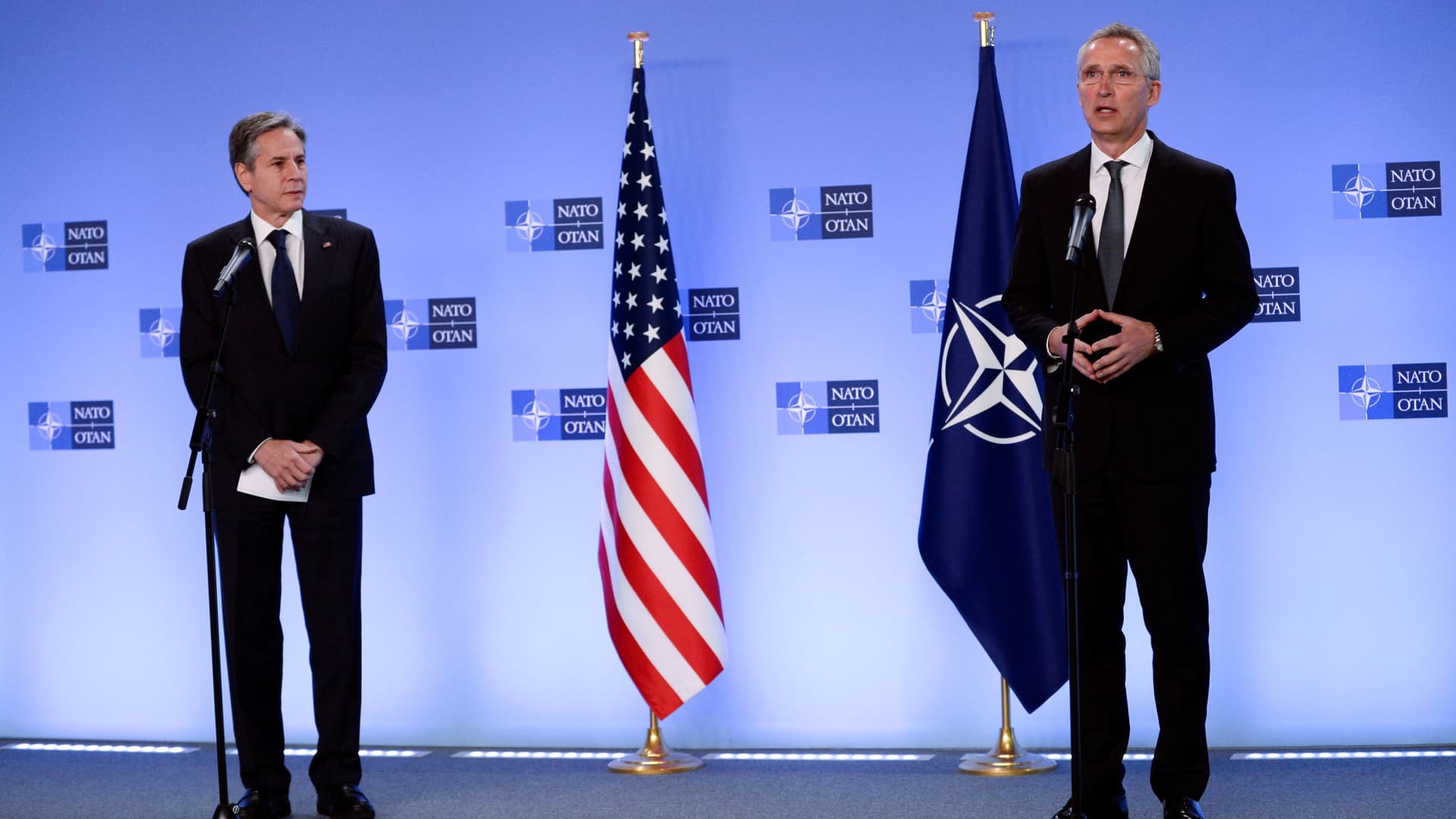 NATO Secretary General Jens Stoltenberg delivers a statement as he meets with U.S. Secretary of State Antony Blinken in Brussels, Belgium, April 14, 2021.