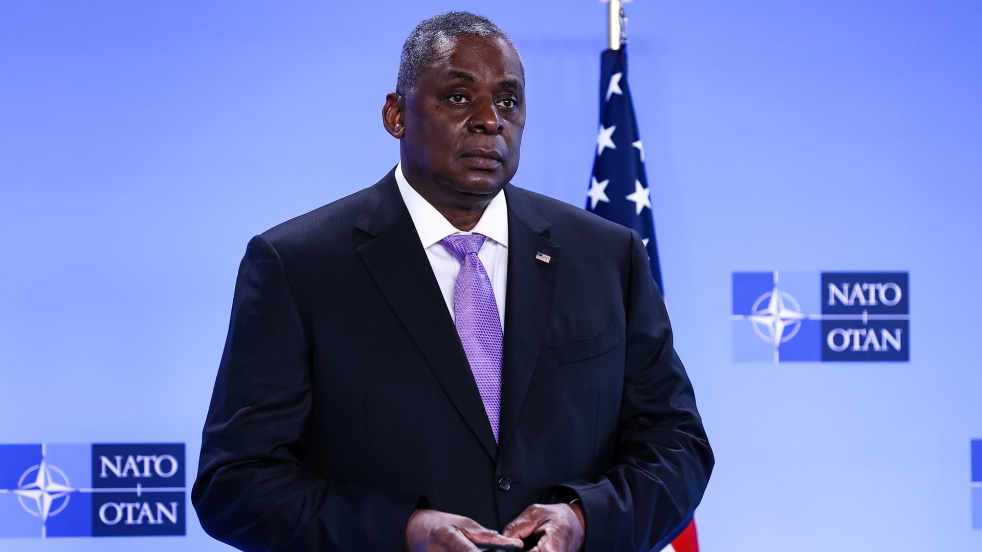 U.S. Defence Secretary Lloyd Austin looks on as he arrives for a meeting of foreign ministers of the U.S., Britain, France and Germany on Afghanistan at NATO's headquarters in Brussels, Belgium, April 14, 2021.