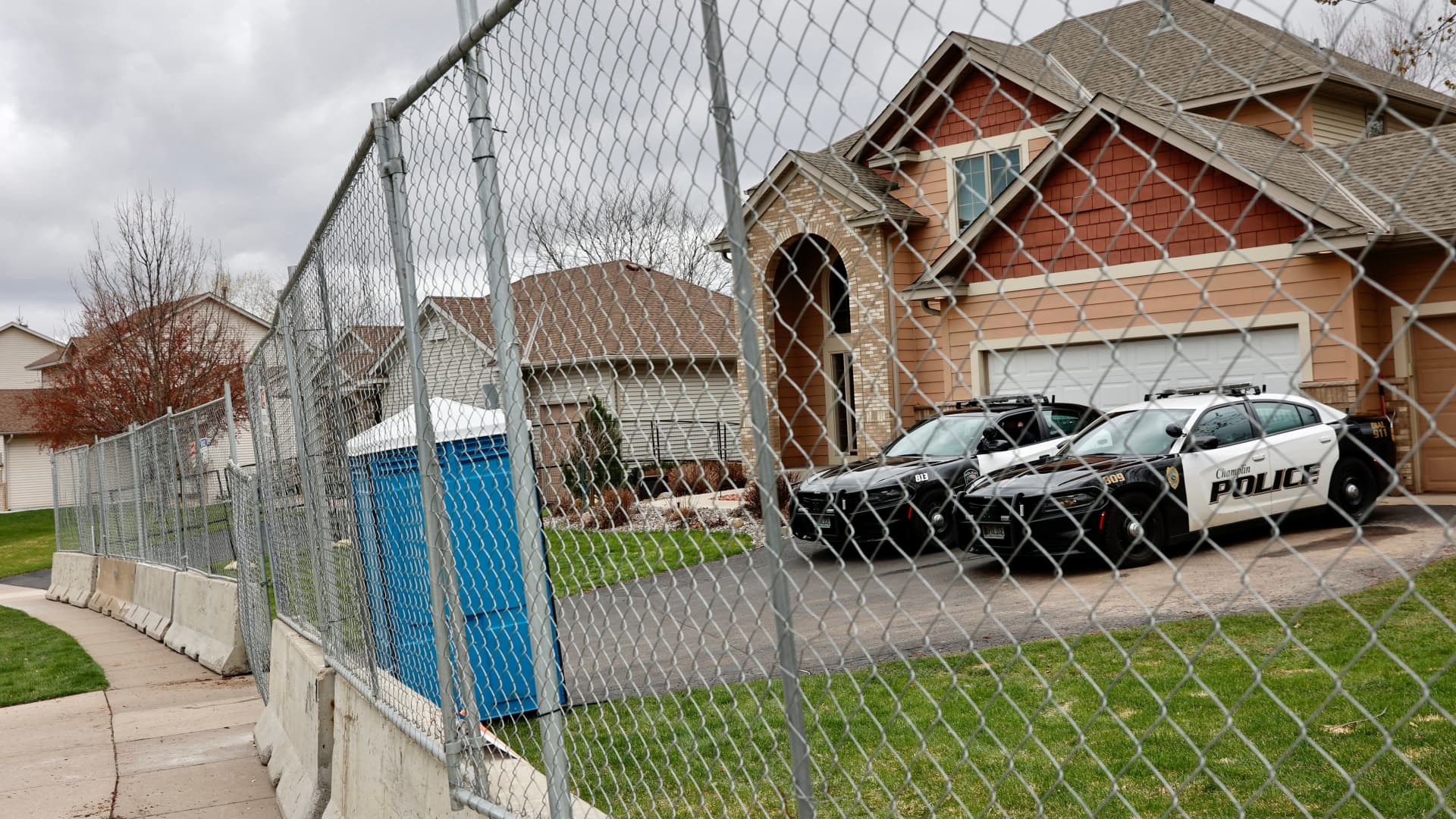 Ex-Police officer Kim Potter's house is blocked by security barricades in Champlin, Minnesota on April 14, 2021.