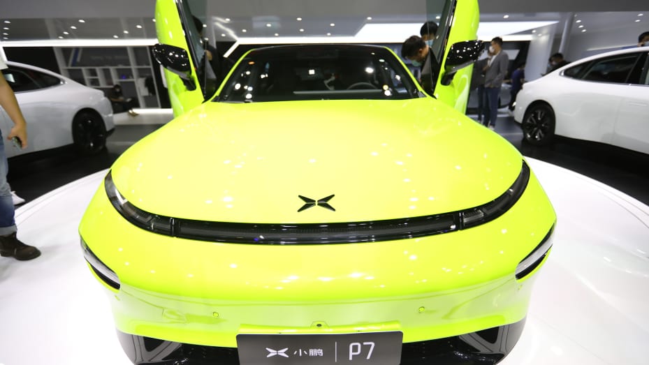 A Xpeng P7 electric car is on display during the 18th Guangzhou International Automobile Exhibition at China Import and Export Fair Complex on November 20, 2020 in Guangzhou, Guangdong Province of China.