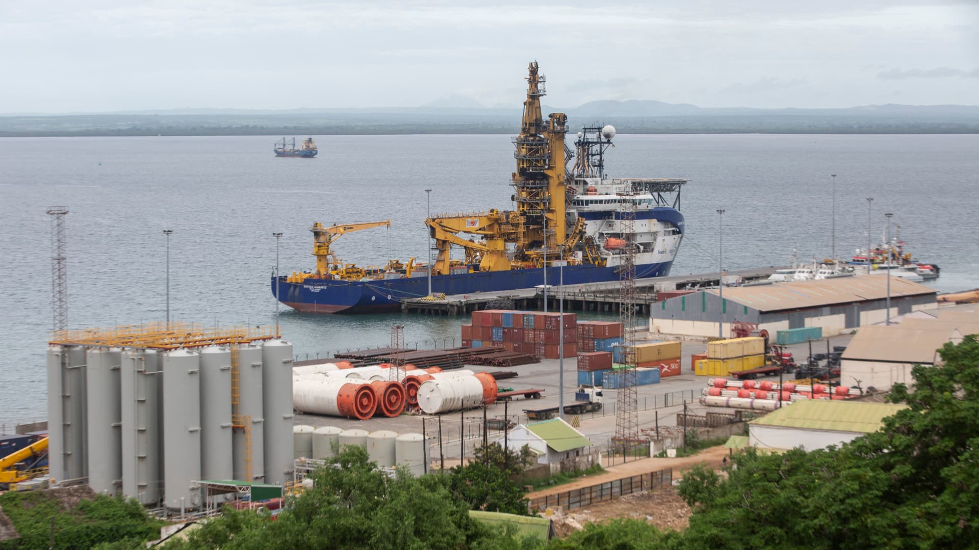 Pemba, MOZAMBIQUE - The OCSV Sapura Diamante (Offshore Construction Support Vessel), a pipe layer vessel used in offshore construction, is seen docked at the port of Pemba where sailing boats are expected to arrive with people displaced from the coasts of Palma and Afungi after suffering attacks by armed groups on March 30, 2021.