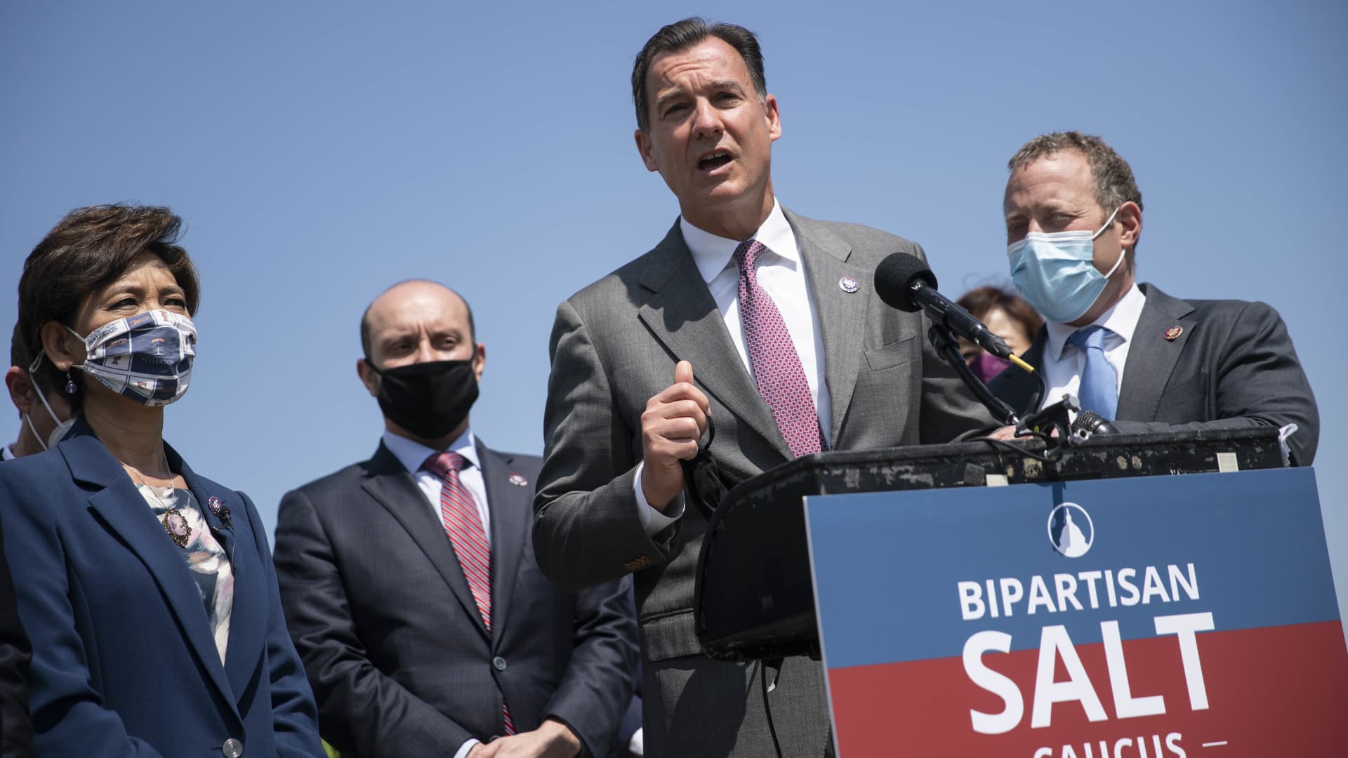 Representative Tom Suozzi, a Democrat from New York, speaks during a news conference announcing the State and Local Taxes (SALT) Caucus outside the U.S. Capitol in Washington, D.C., on Thursday, April 15, 2021.