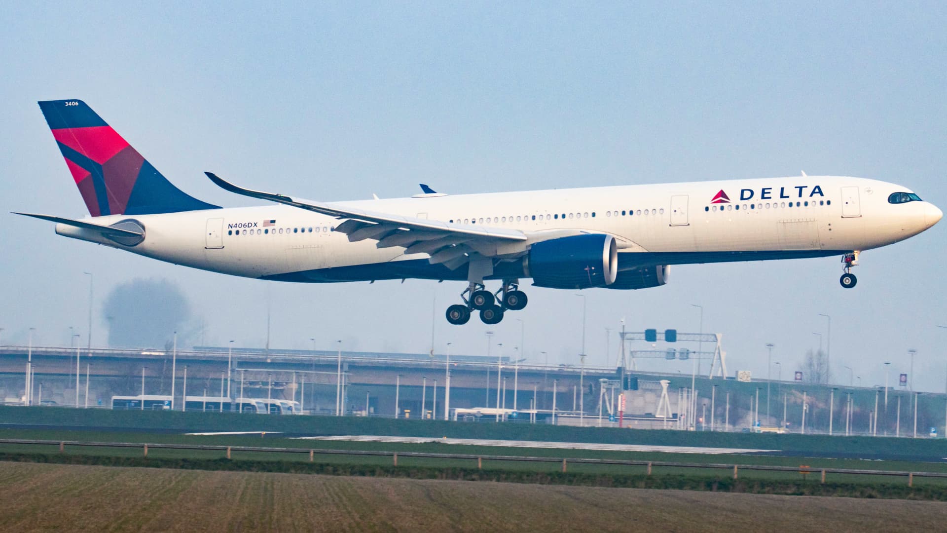 A Delta Air Lines Airbus A330neo or A330-900 aircraft with neo engine option of the European plane manufacturer, as seen on final approach for landing at Amsterdam Schiphol AMS EHAM International airport after a transatlantic long haul flight.