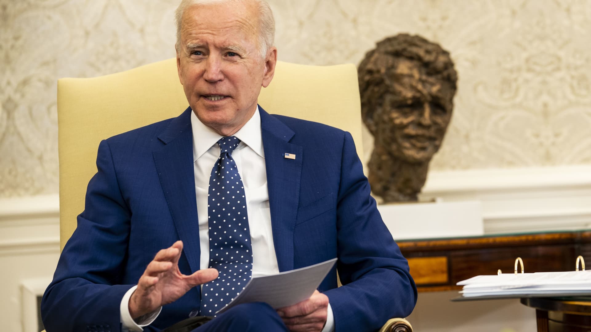 U.S. President Joe Biden speaks during a meeting with the Congressional Asian Pacific American Caucus Executive Committee in the Oval Office of the White House in Washington, D.C., on Thursday, April 15, 2021.