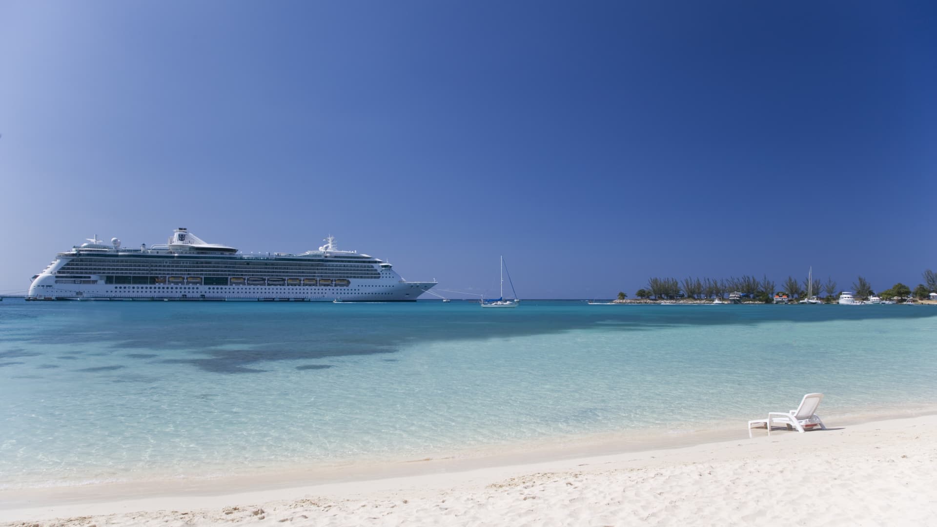 A cruise ship approaches the harbor in Ocho Rios, Jamaica.