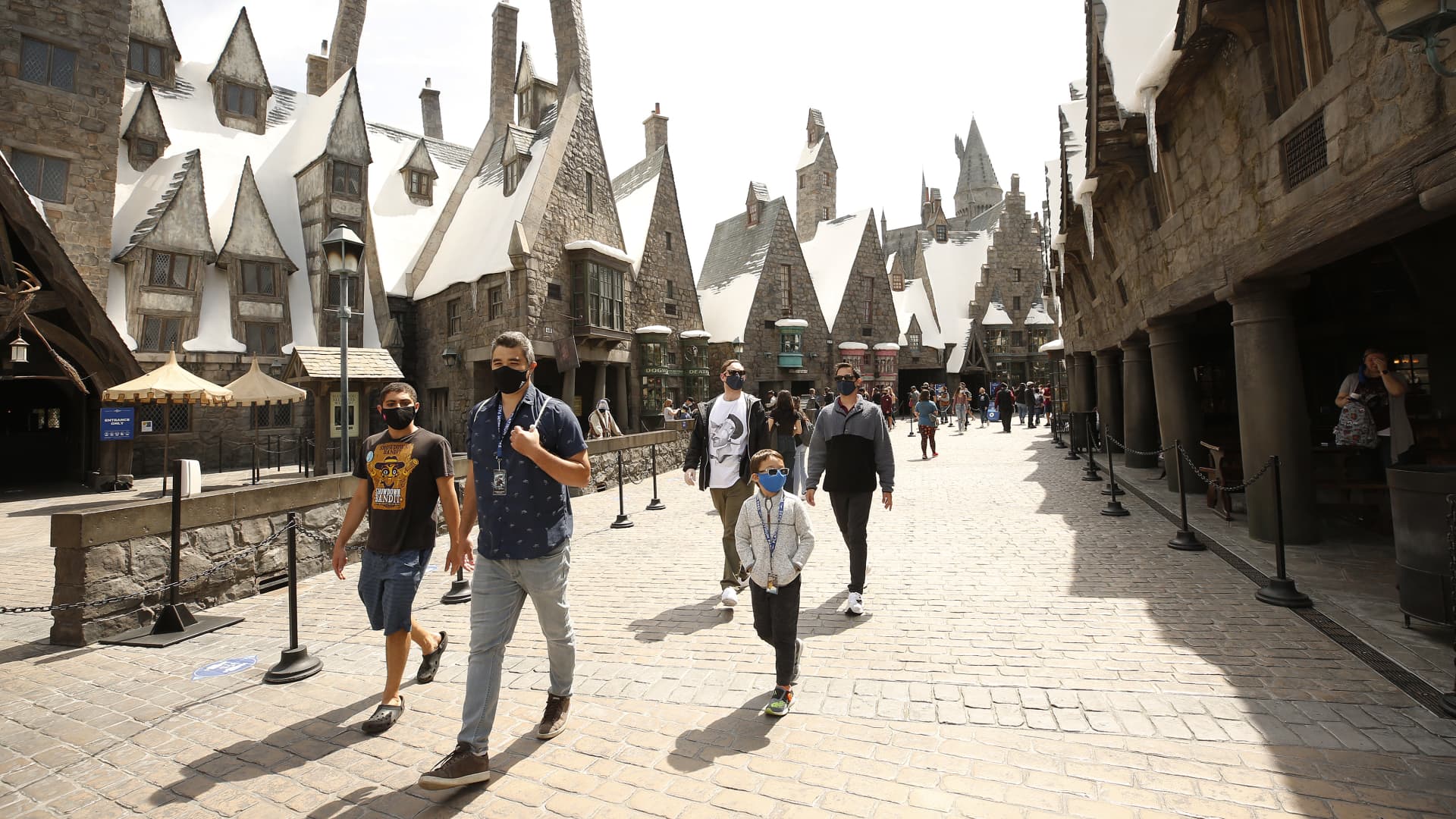 Guests in The Wizarding World of Harry Potter attraction as Universal Studios Hollywood is welcoming guests back to the Theme Park Friday, April 16 to experience the thrill rides and attractions.