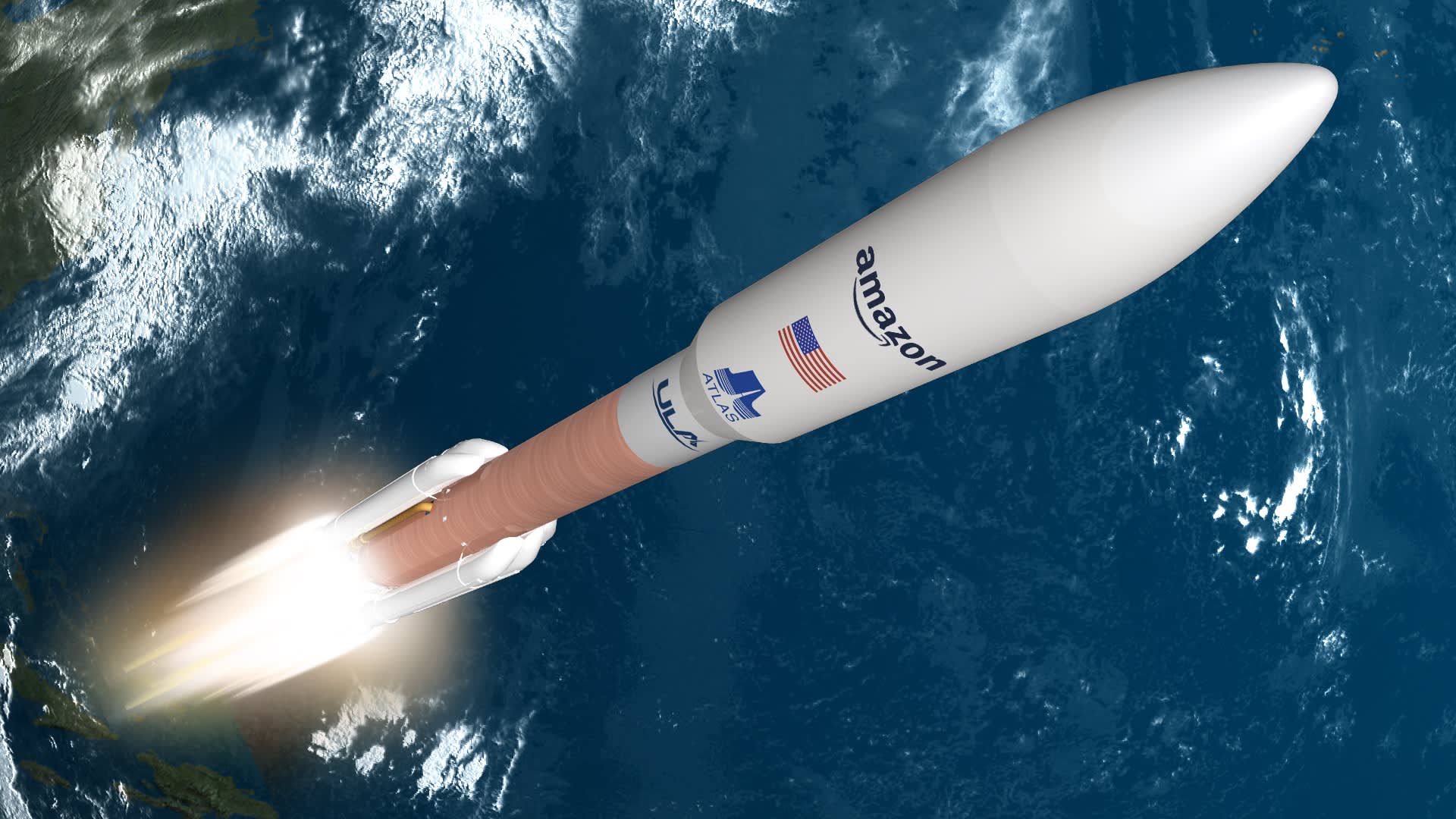 Rendering of a United Launch Alliance' Atlas V rocket carrying Amazon satellites.