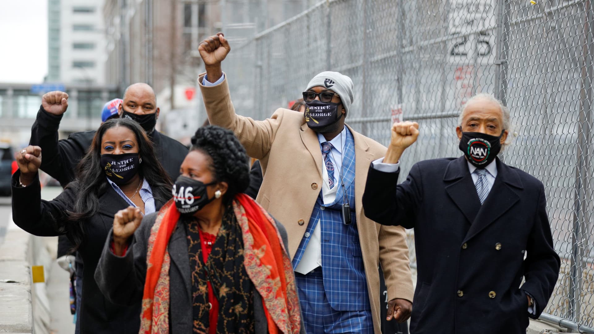 The Floyd family and Reverend Al Sharpton gesture as they arrive at the Hennepin County Government Center for closing statements in the trial of former police officer Derek Chauvin, who is facing murder charges in the death of George Floyd, in Minneapolis, Minnesota, U.S., April 19, 2021.
