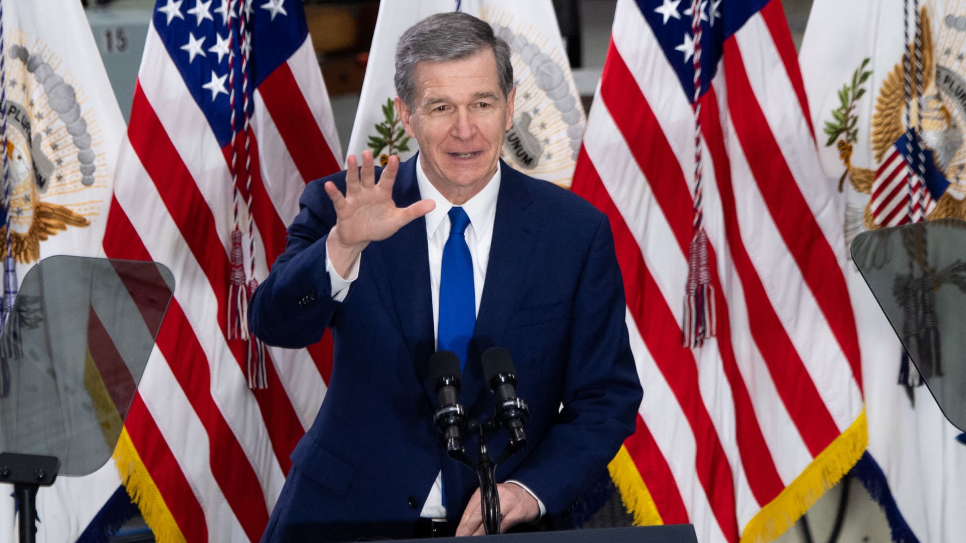 North Carolina Gov. Roy Cooper speaks during a visit by U.S. Vice President Kamala Harris to Guilford Technical Community College in Greensboro, North Carolina, on April 19, 2021.