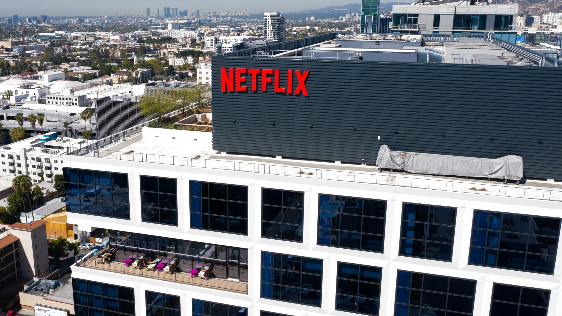 Signage outside the Netflix office building on Sunset Boulevard in Los Angeles, California, on Monday, April 19, 2021.