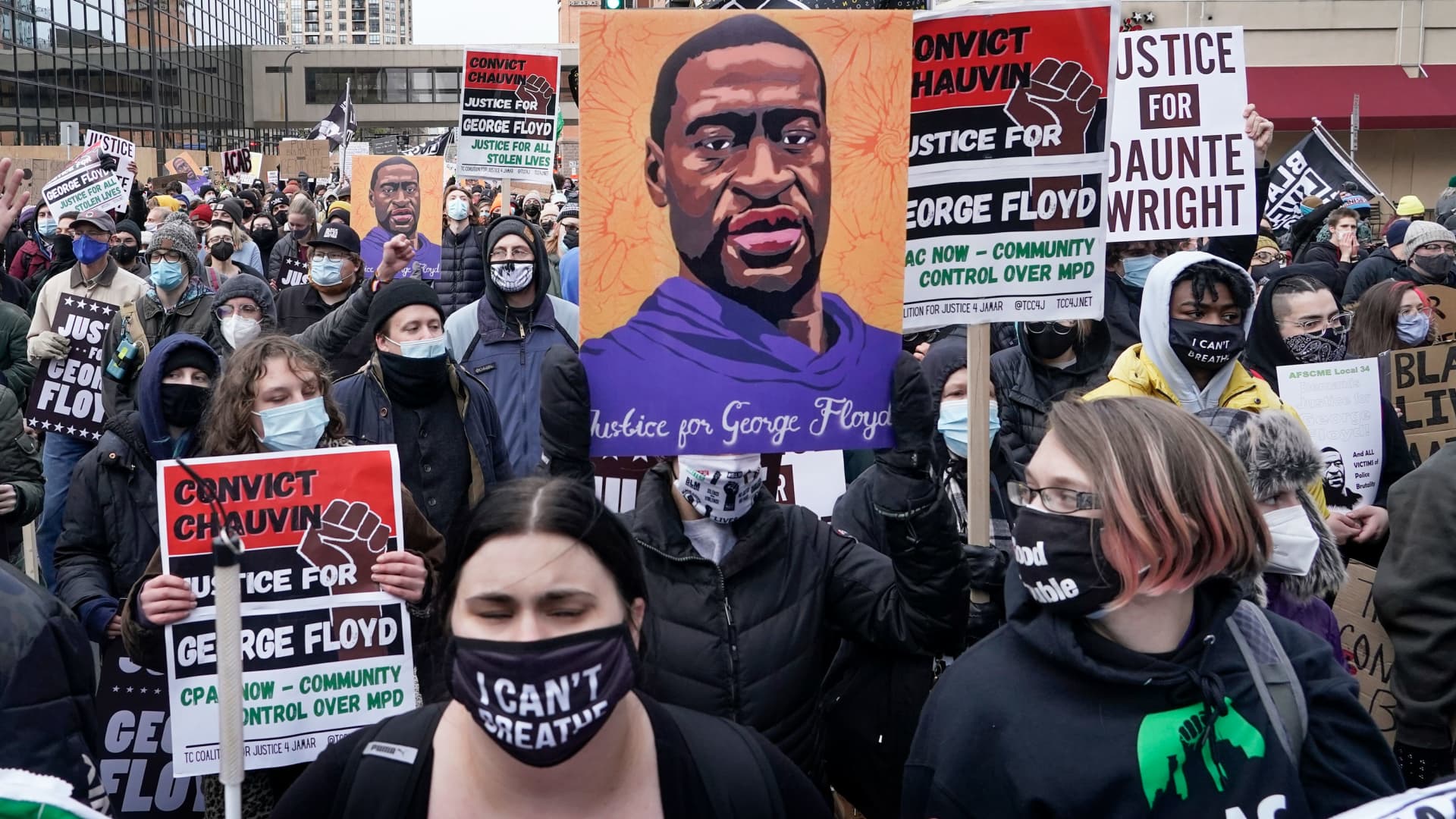 Protesters rally outside the 3rd Precinct Monday, April 19, 2021, in Minneapolis as the murder trial against the former Minneapolis police officer Derek Chauvin in the killing of George Floyd advances to jury deliberations.