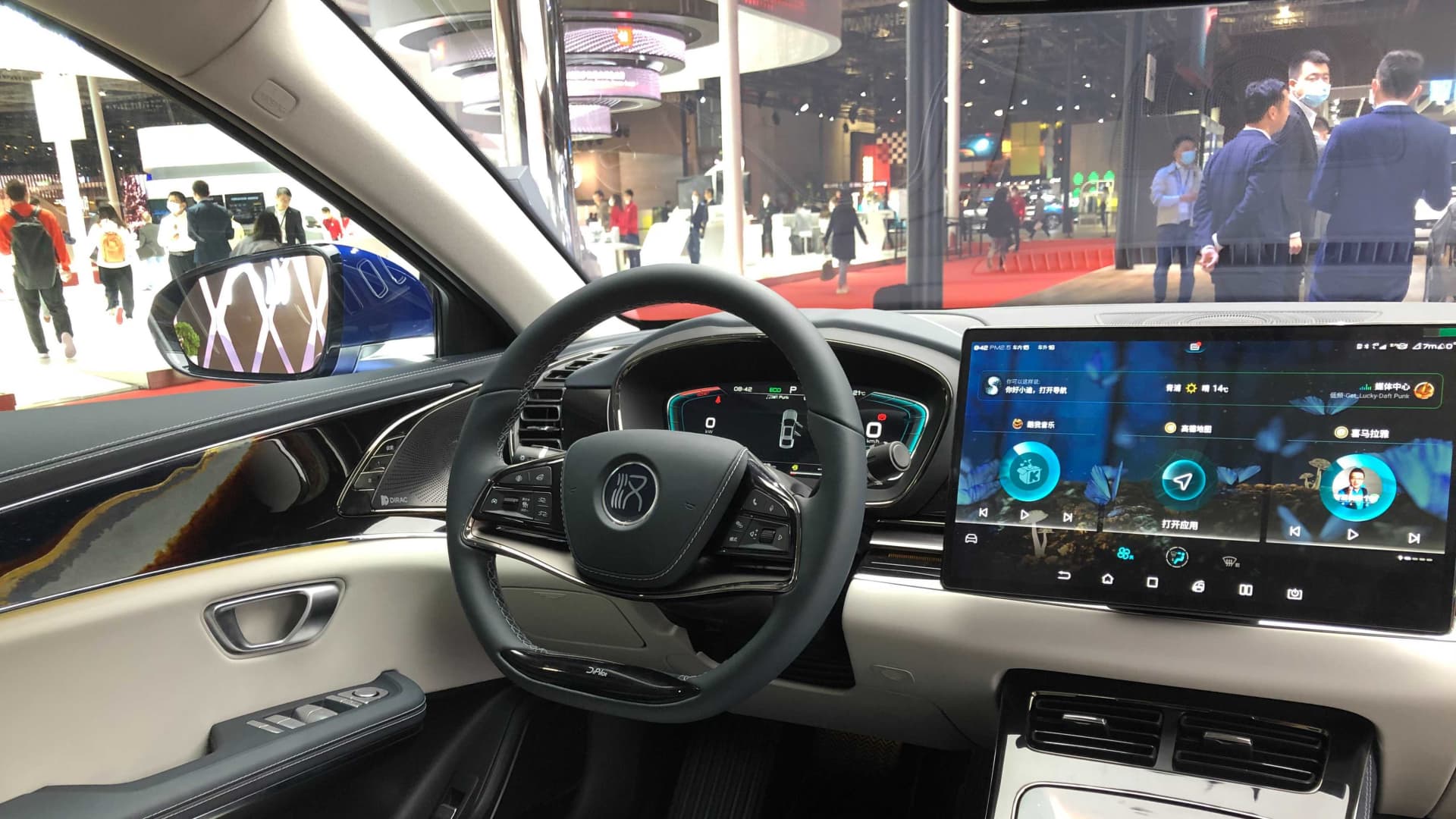 Buyers of BYD's luxury Han electric car can customize the interior, as shown in this model displayed at the auto show in Shanghai in April 2021.