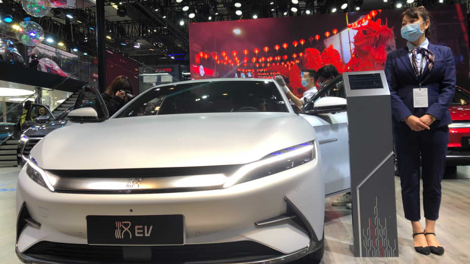 BYD's Han electric car, pictured here at the 2021 Shanghai auto show, is one of the most popular new energy vehicles in China.