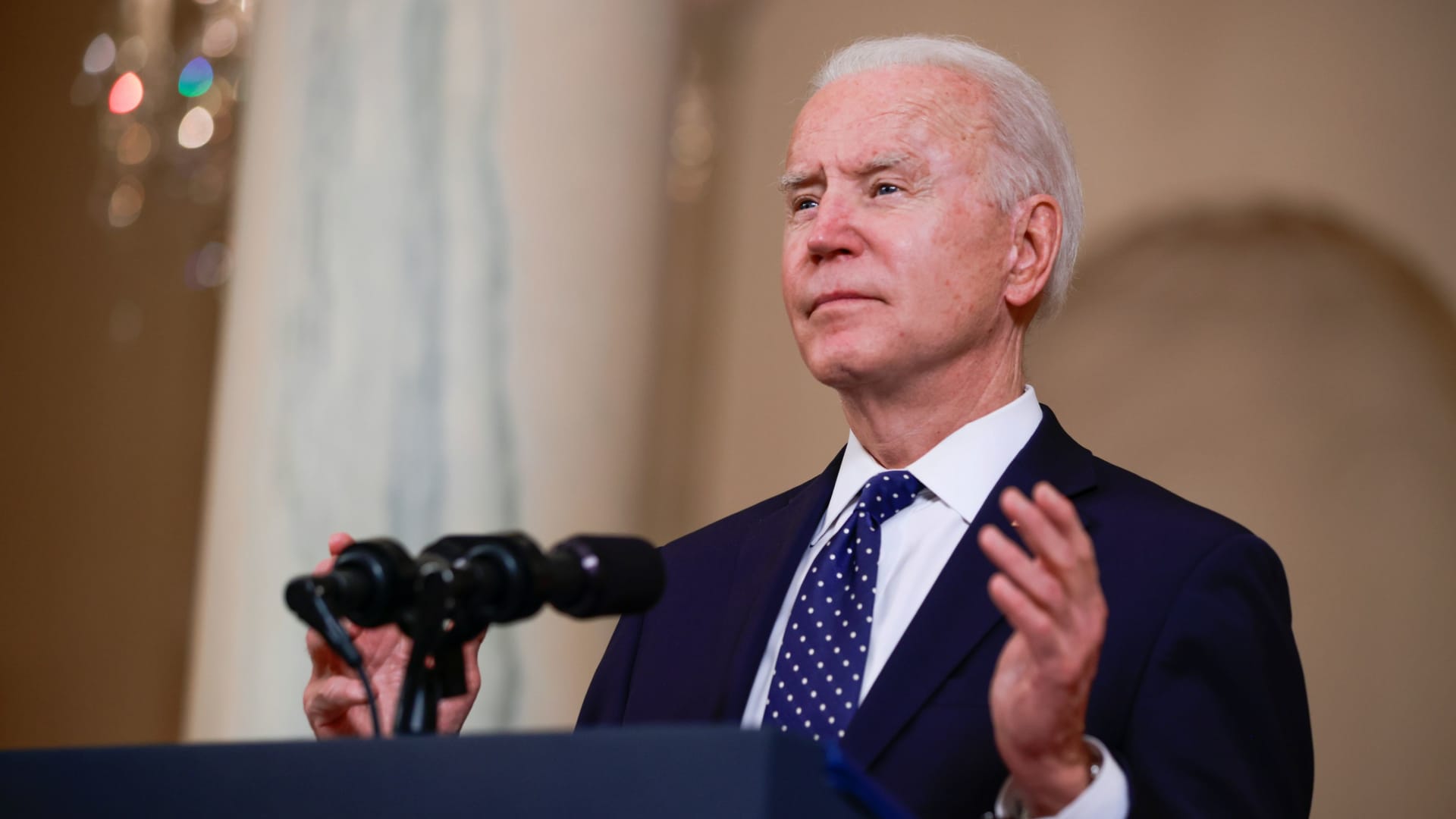 U.S. President Joe Biden speaks after a jury reached guilty verdicts in the murder trial of former Minneapolis police officer Derek Chauvin stemming from George Floyd's deadly arrest, in the Cross Hall at the White House in Washington, U.S., April 20, 2021.
