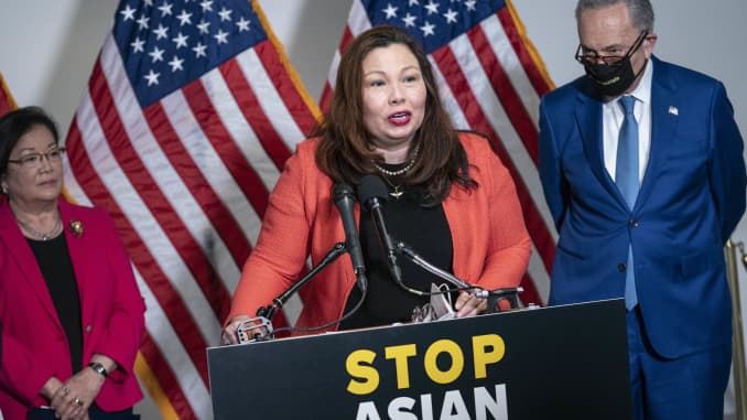Sen. Tammy Duckworth (D-IL) speaks during a news conference following the weekly Democrat policy luncheon on Capitol Hill on April 20, 2021 in Washington, DC. The Democratic Senators spoke about the COVID-19 Hate Crimes Act.