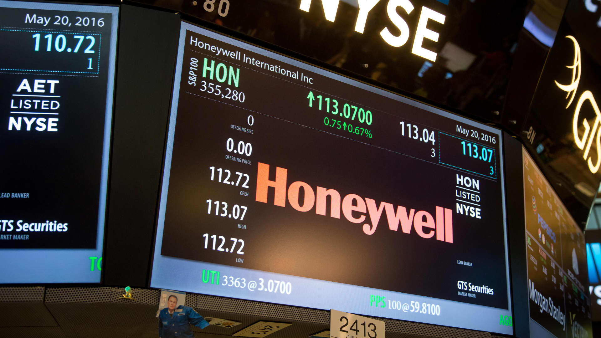 Honeywell International Inc. signage is displayed on a monitor on the floor of the New York Stock Exchange (NYSE) in New York.