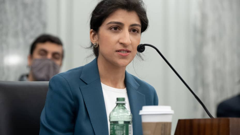 Lina Khan, nominee for Commissioner of the Federal Trade Commission (FTC), speaks during a Senate Committee on Commerce, Science, and Transportation confirmation hearing on Capitol Hill in Washington, DC, April 21, 2021.