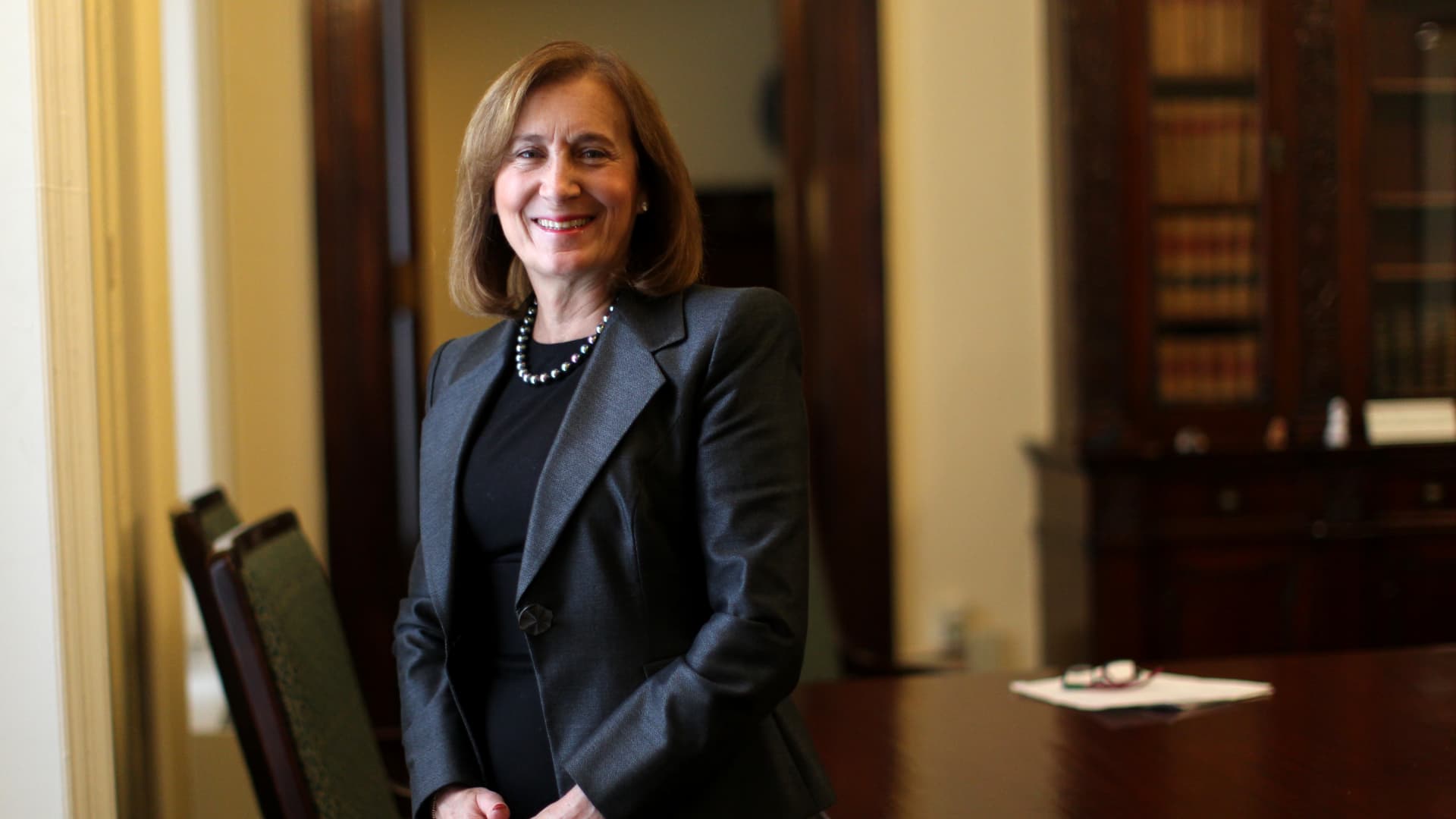 Profile of new State Treasurer Deb Goldberg, who next week will chair her first PRIM state pension fund board meeting as its chair. Goldberg in her State House office.