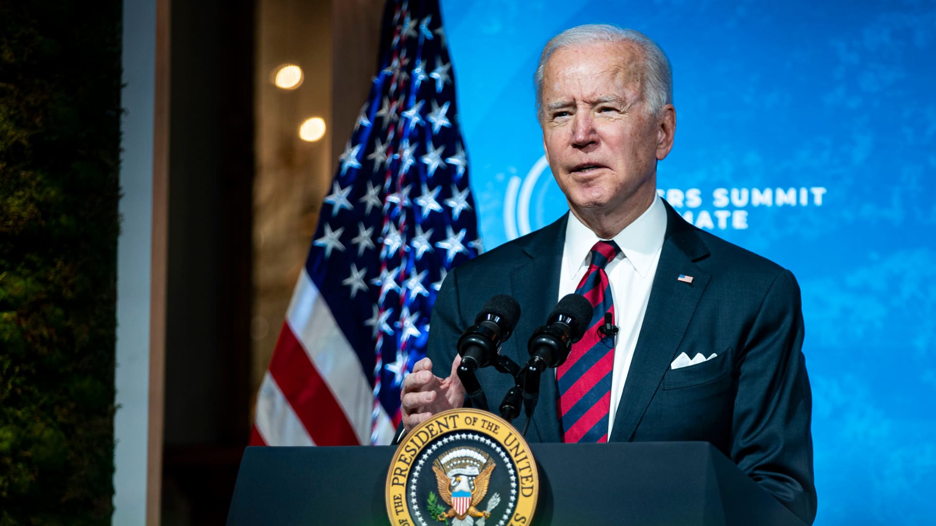 President Joe Biden delivers remarks during a virtual Leaders Summit on Climate with 40 world leaders at the East Room of the White House on April 22, 2021.