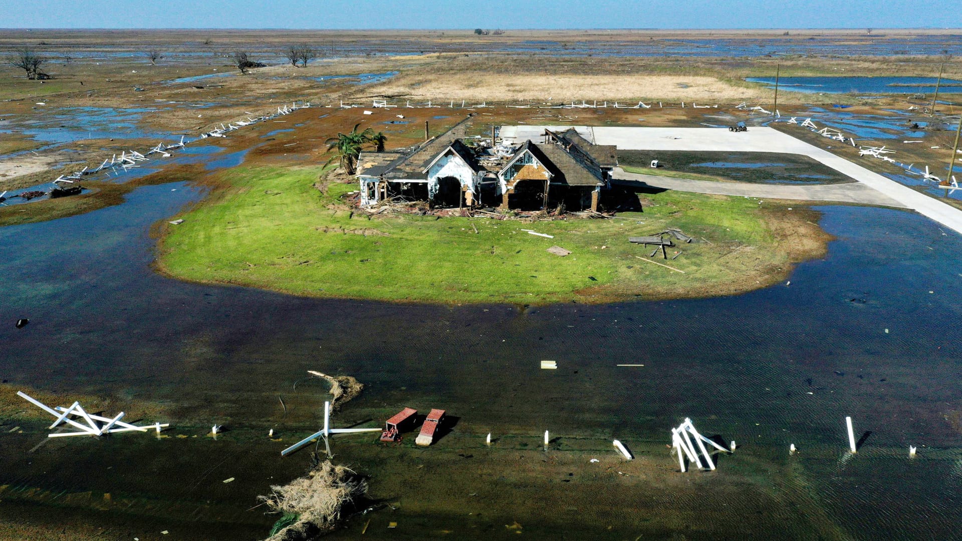 A home is seen destroyed in the aftermath of Hurricane Delta in Creole, Louisiana, U.S., October 10, 2020. Picture taken with a drone.