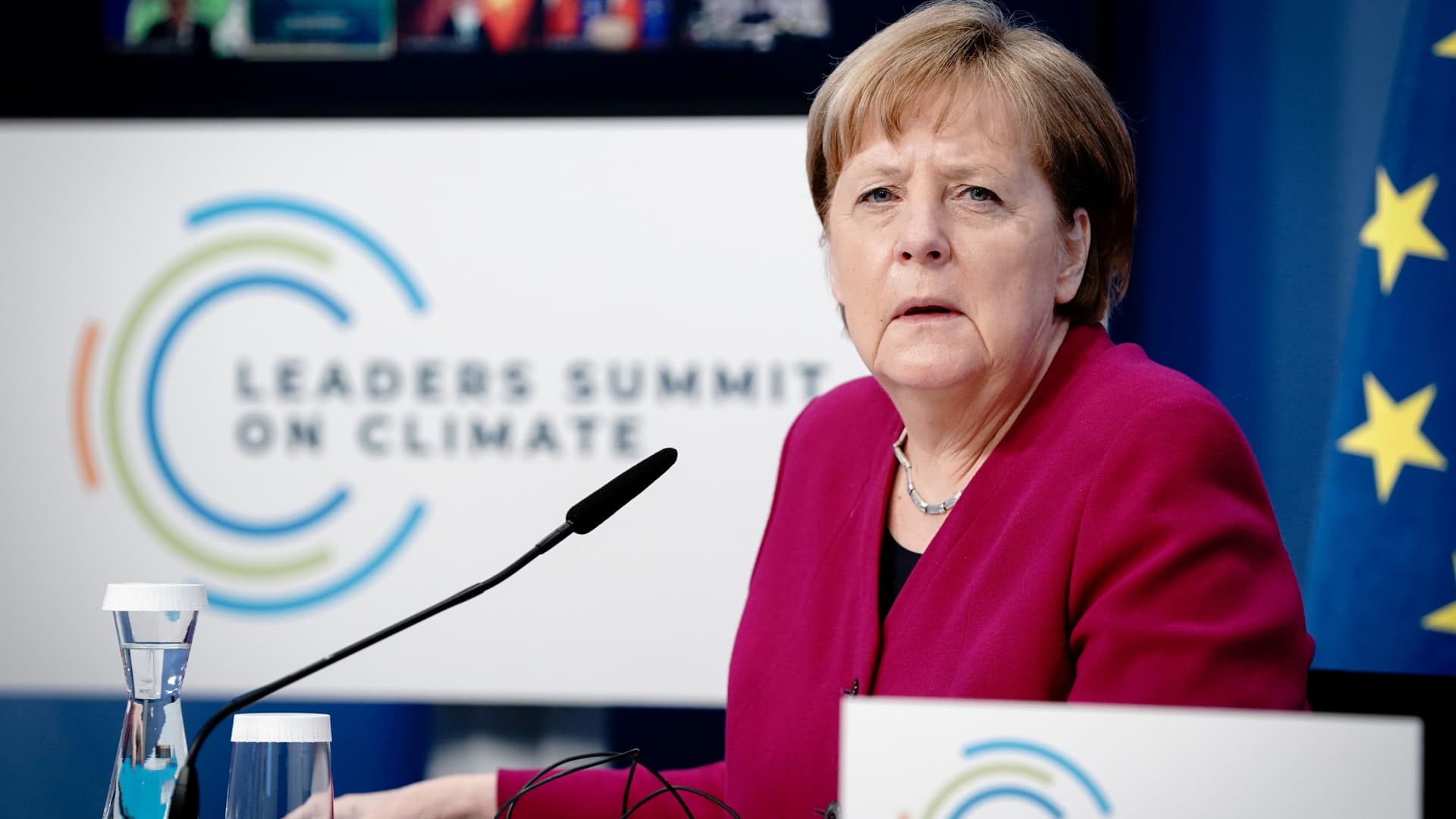German Chancellor Angela Merkel attends a virtual Climate Summit with world leaders in Berlin, Germany, April 22, 2021.