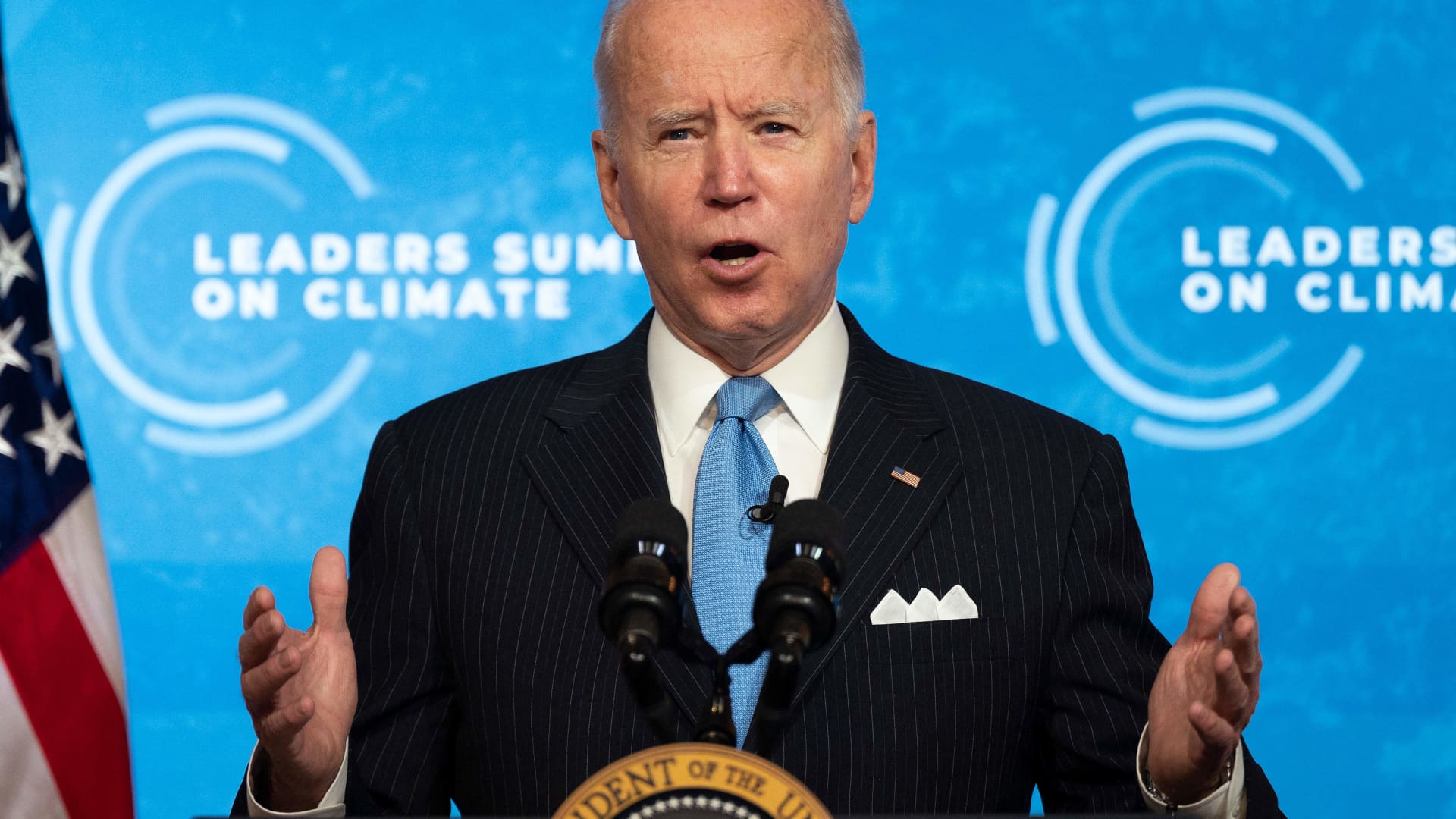 US President Joe Biden delivers remarks and participates in the virtual Leaders Summit on Climate Session 5: The Economic Opportunities of Climate Action from the White House in Washington, DC, on April 23, 2021.