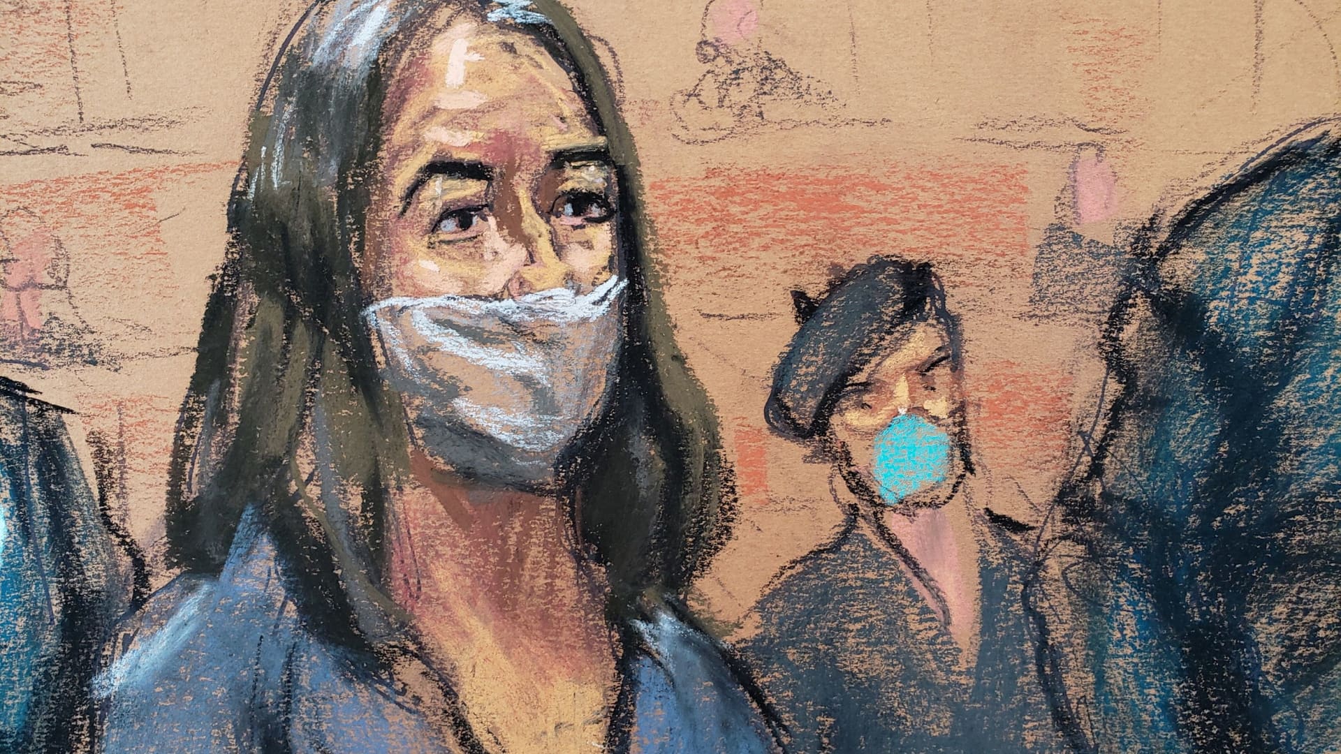 British socialite Ghislaine Maxwell appears during her arraignment hearing on a new indictment at Manhattan Federal Court in New York, April 23, 2021, in this courtroom sketch.
