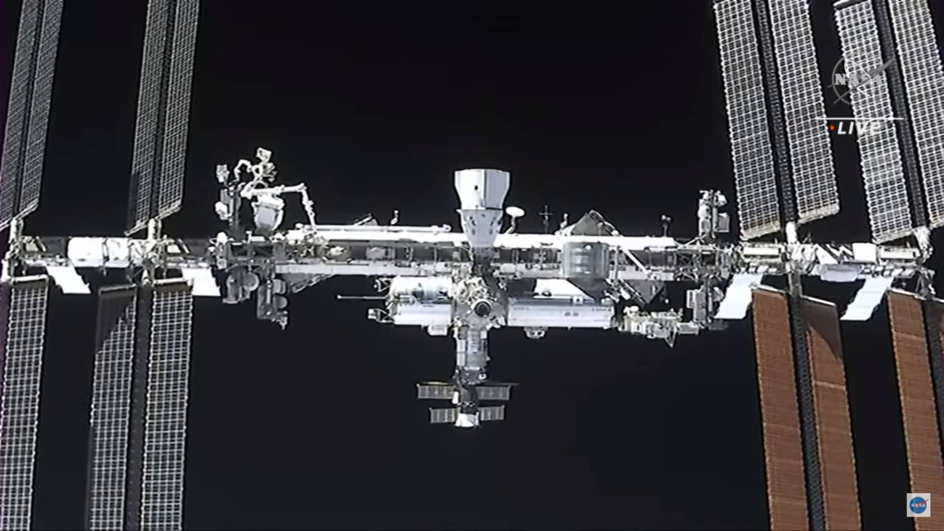 The view from SpaceX's Crew Dragon spacecraft Endeavour of the International Space Station, as well as the company's Crew Dragon spacecraft Resilience, as the capsule approached to dock on April 24, 2021.