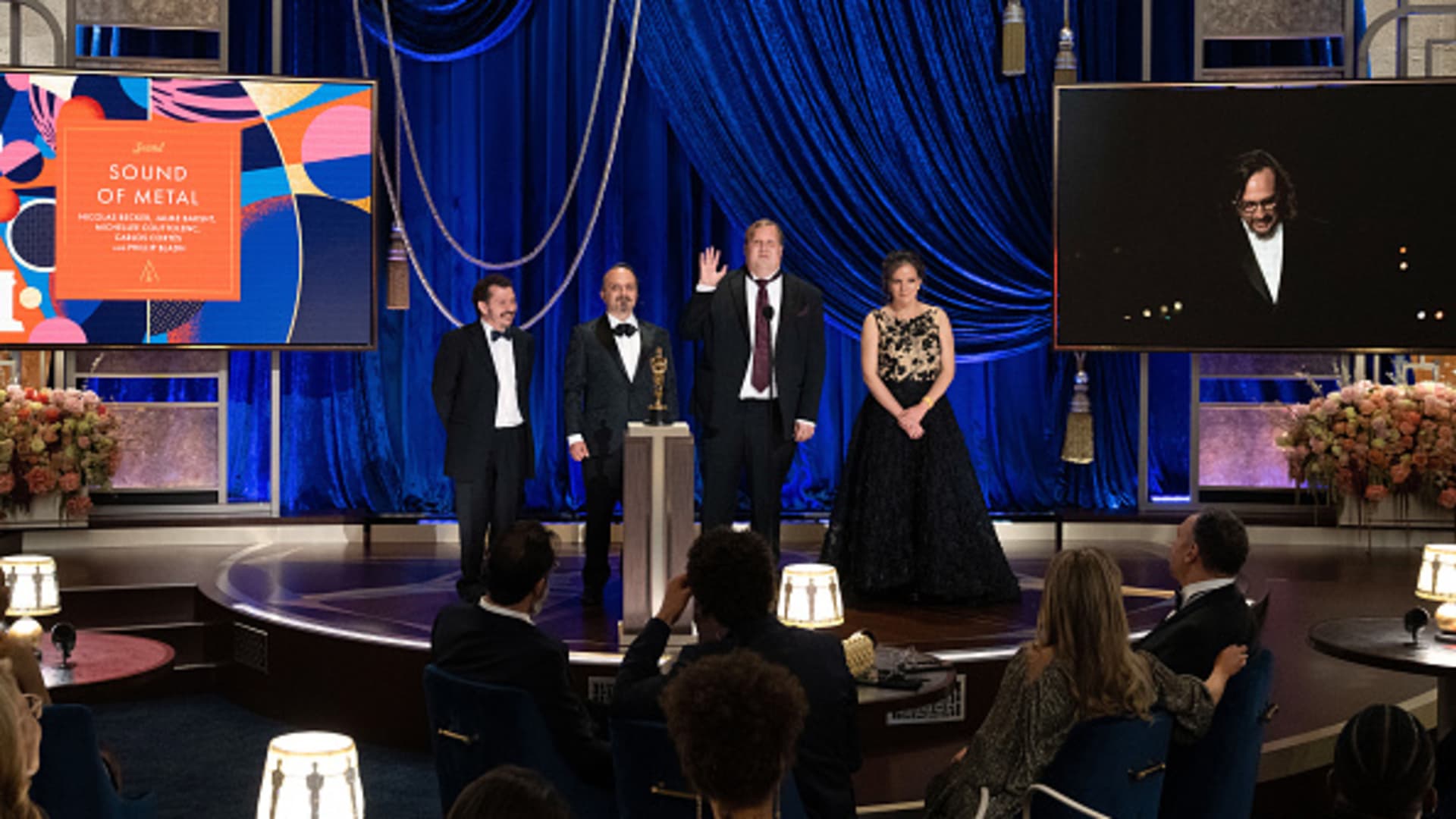 In this handout photo provided by A.M.P.A.S., (L-R) Carlos Cortés, Jaime Baksht, Phillip Bladh and Michelle Couttolenc accept the Sound award for 'Sound of Metal' onstage during the 93rd Annual Academy Awards at Union Station on April 25, 2021 in Los Angeles, California.