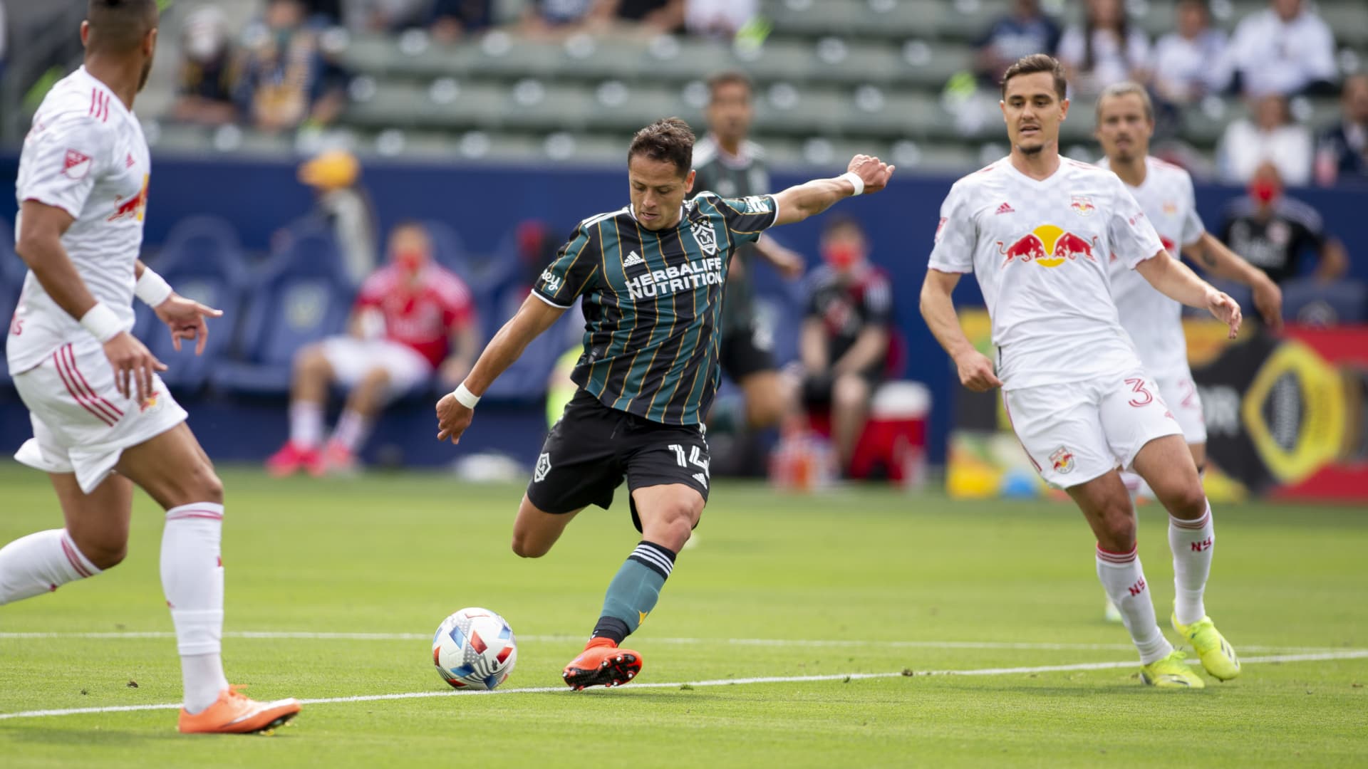 Javier Hernandez #14 of the Los Angeles Galaxy takes a shot on goal during a game between New York Red Bulls and Los Angeles Galaxy at Dignity Health Sports Park on April 25, 2021 in Carson, California.
