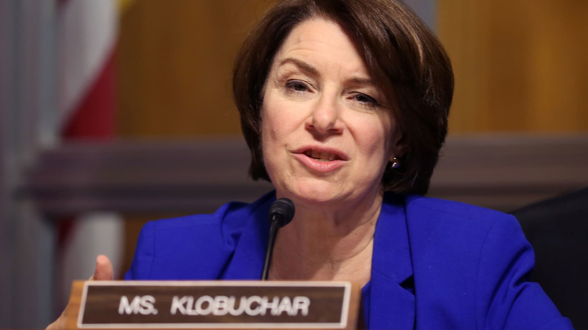 Sen. Amy Klobuchar, D-MN, asks questions during a hearing of the Senate Judiciary Subcommittee on Privacy, Technology, and the Law, at the U.S. Capitol in Washington DC, April 27, 2021.