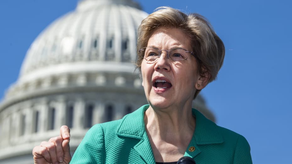 Sen. Elizabeth Warren, D-Mass., conducts a news conference outside the Capitol to reintroduce the Universal Child Care and Early Learning Act, on Tuesday, April 27, 2021.
