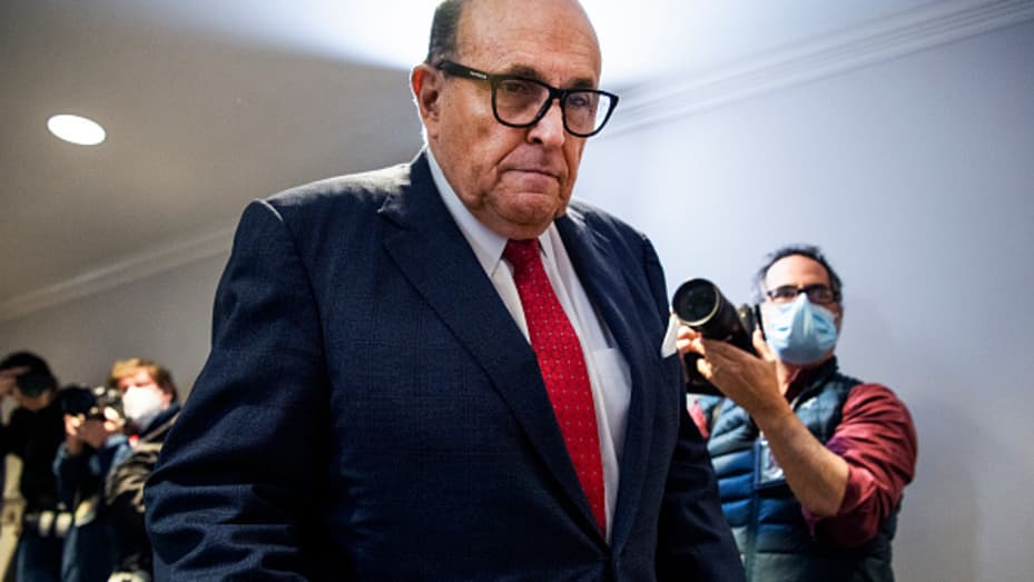 Rudolph Giuliani, attorney for President Donald Trump, arrives for a news conference at the Republican National Committee on lawsuits regarding the outcome of the 2020 presidential election on Thursday, November 19, 2020.