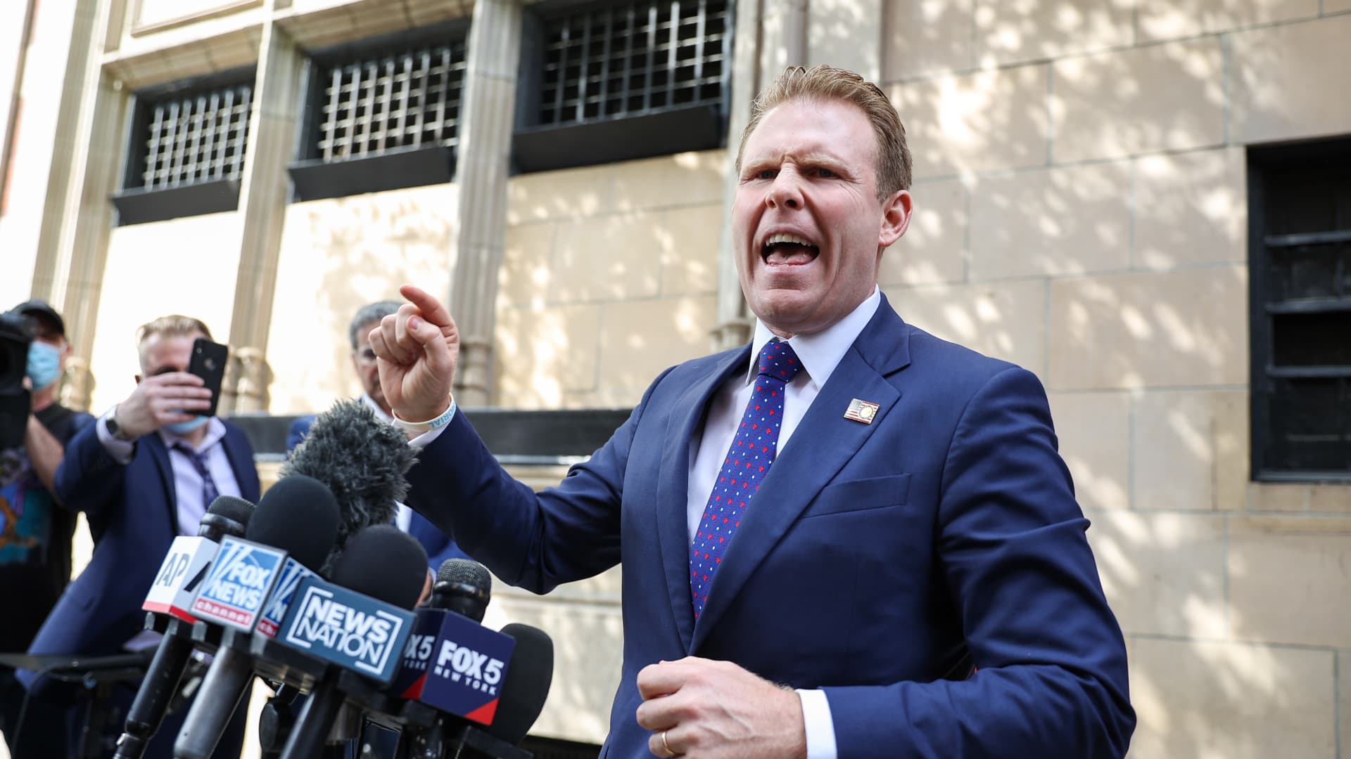 Andrew Giuliani speaks to the members of press outside the apartment of his father Rudy Giuliani, the former President Donald Trump's personal attorney and the former mayor of New York City, after FBI has executed a search warrant in Manhattan of New York City, United States on April 28, 2021.
