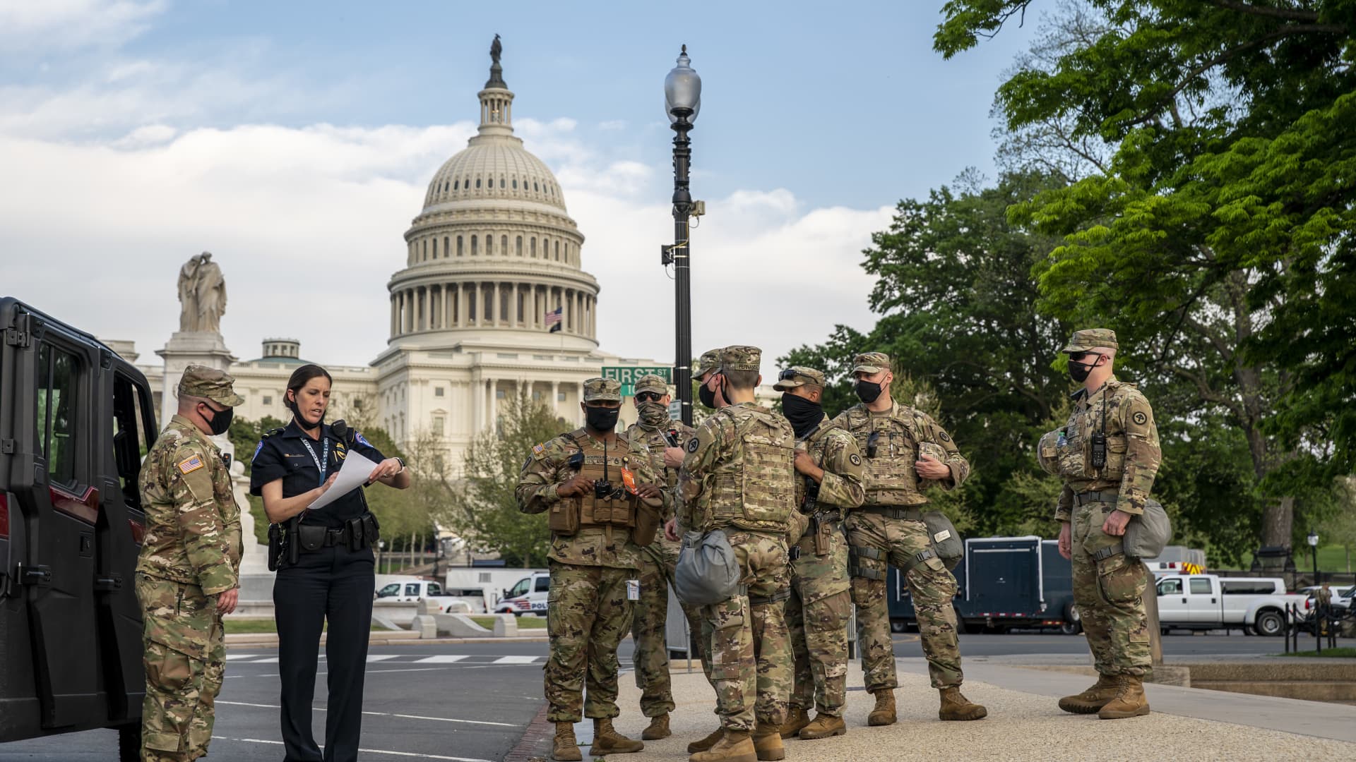 Military personal and Capitol Hill Police department stage outside the US Capitol before U.S. President Joe Biden will address a joint session of Congress in the House chamber of the U.S. Capitol April 28, 2021 in Washington, DC.