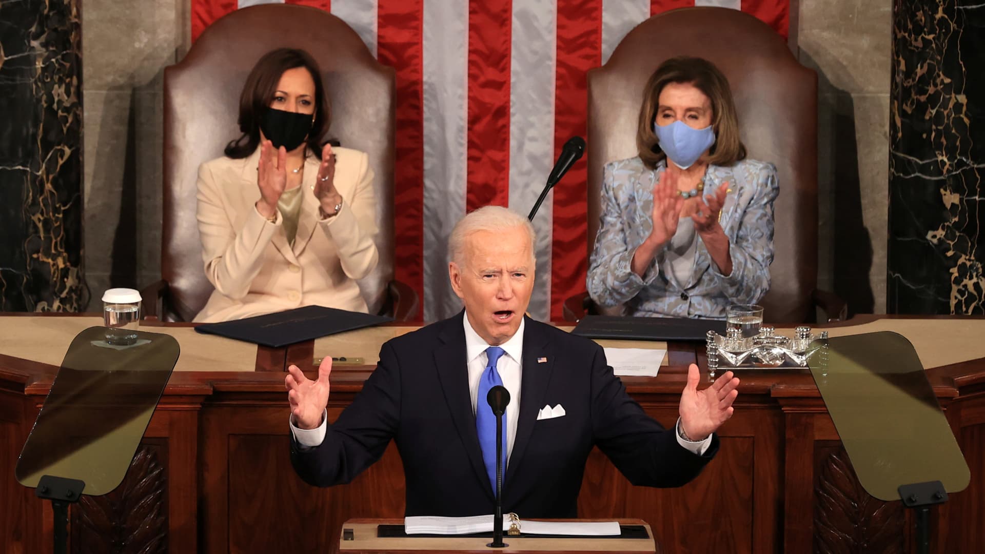 President Joe Biden addresses a joint session of Congress as President Kamala Harris and Speaker of the House U.S. Rep. Nancy Pelosi (D-CA) aplause at the U.S. Capitol in Washington, DC, U.S. April 28, 2021.