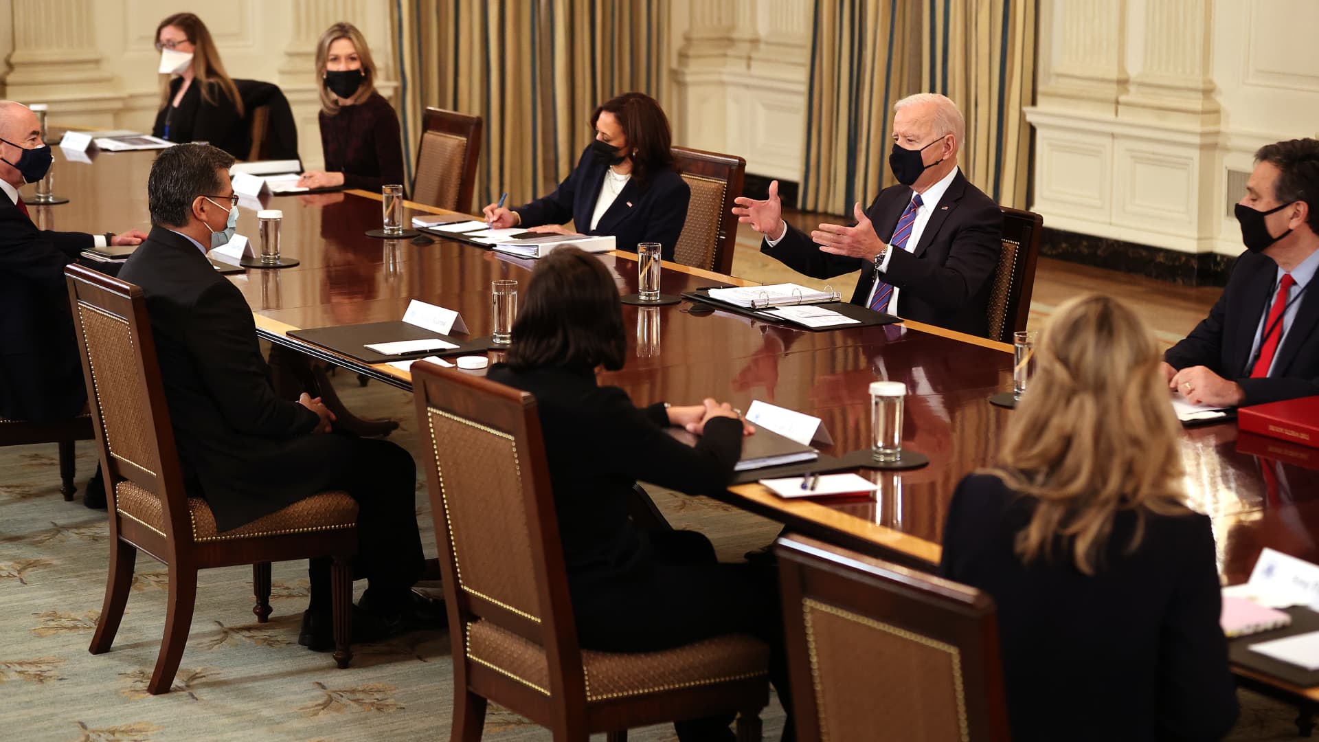President Joe Biden and Vice President Kamala Harris meet with Cabinet members and immigration advisors in the State Dining Room on March 24, 2021 in Washington, DC.