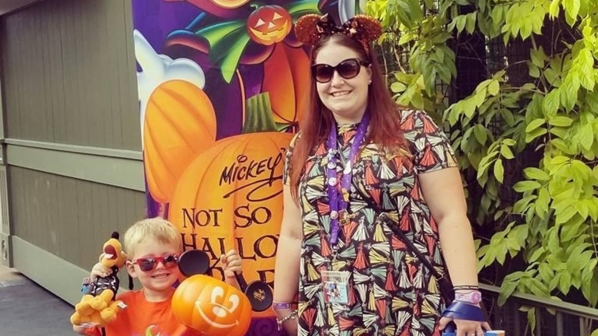 Krissy Reynolds, 35, and son Cayson, 8, celebrate at Mickey's Not-So-Scary Halloween Party in Orlando, Florida.