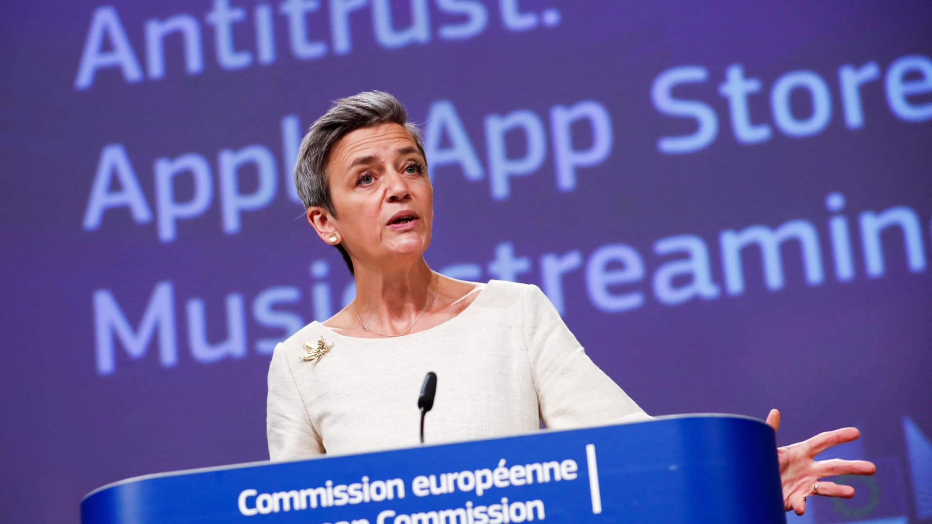 European Commissioner for Europe fit for the Digital Age, Margrethe Vestager, gestures as she speaks during an online news conference on Apple antitrust case at the EU headquarters in Brussels, on April 30, 2021.