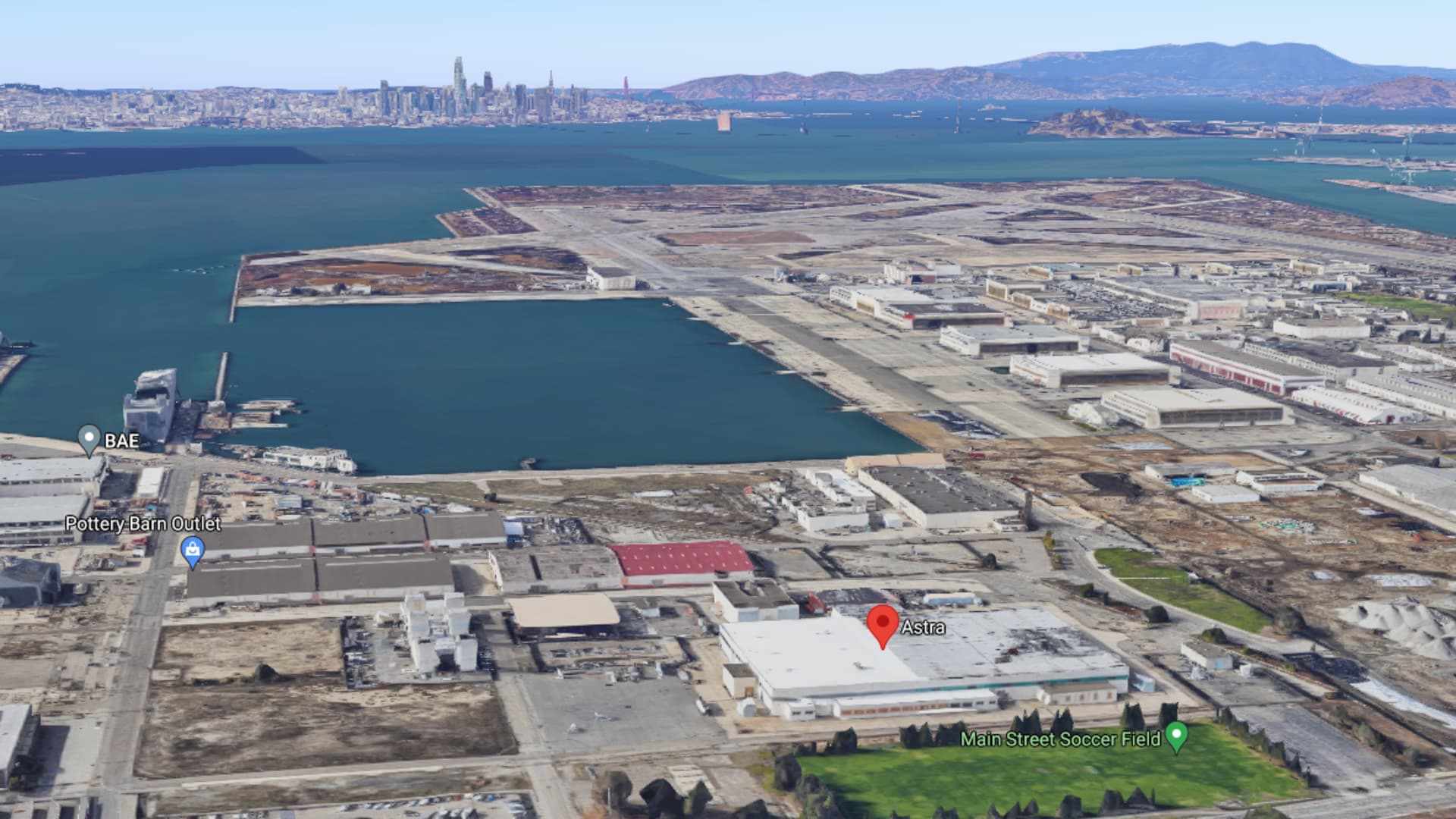 An overview of Astra headquarters' location on the San Francisco Bay in Alameda, California.