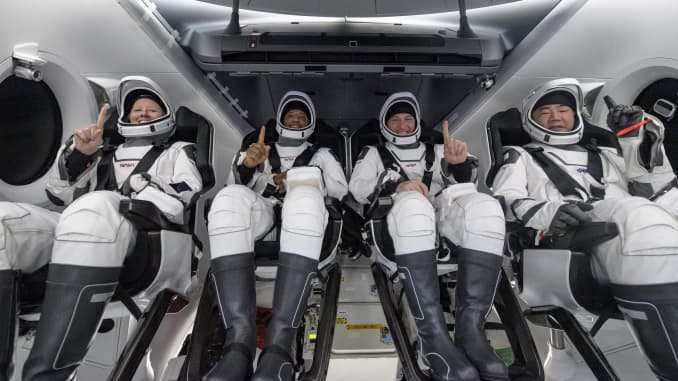 From left: NASA astronauts Shannon Walker, Victor Glover, and Mike Hopkins, and JAXA astronauts Soichi Noguchi inside SpaceX's Crew Dragon capsule 'Resilience' after splashdown on May 2, 2021.