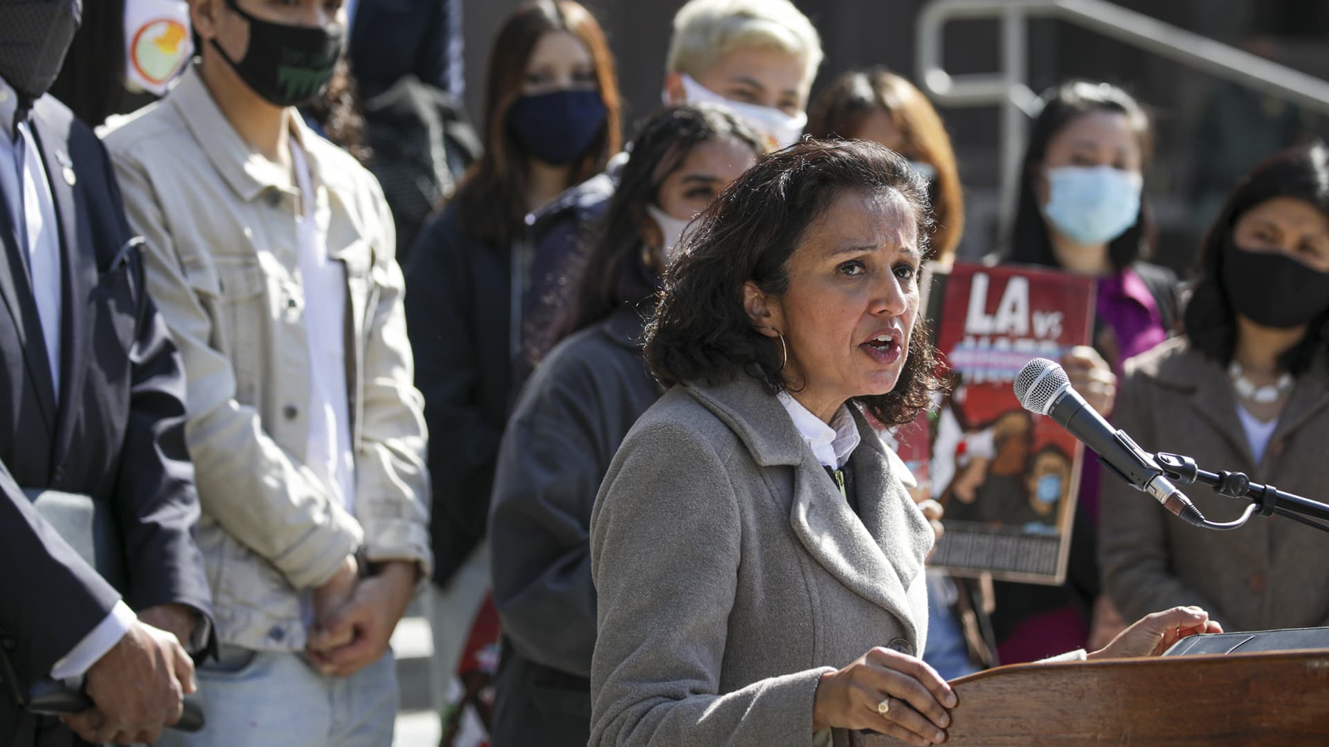 Manjusha Kulkarni, Asian Pacific Planning and Policy Council Executive Director, speaks against the hate and recent violence against Asian Americans at a rally held on the steps of County Hall of Administration on Wednesday, March 17, 2021 in Los Angeles, CA.