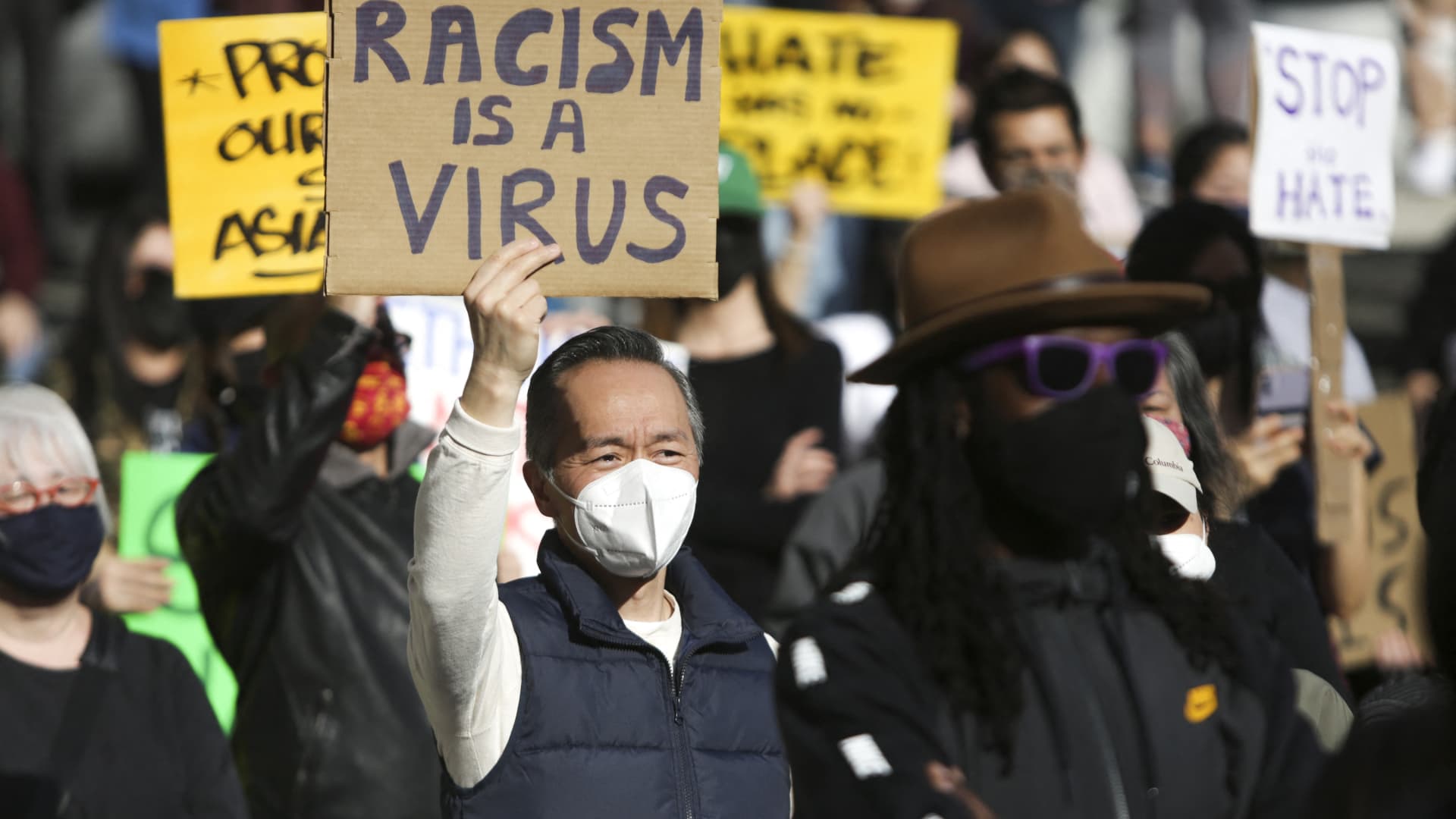 A demonstrator during a rally in Seattle on March 13, 2021.