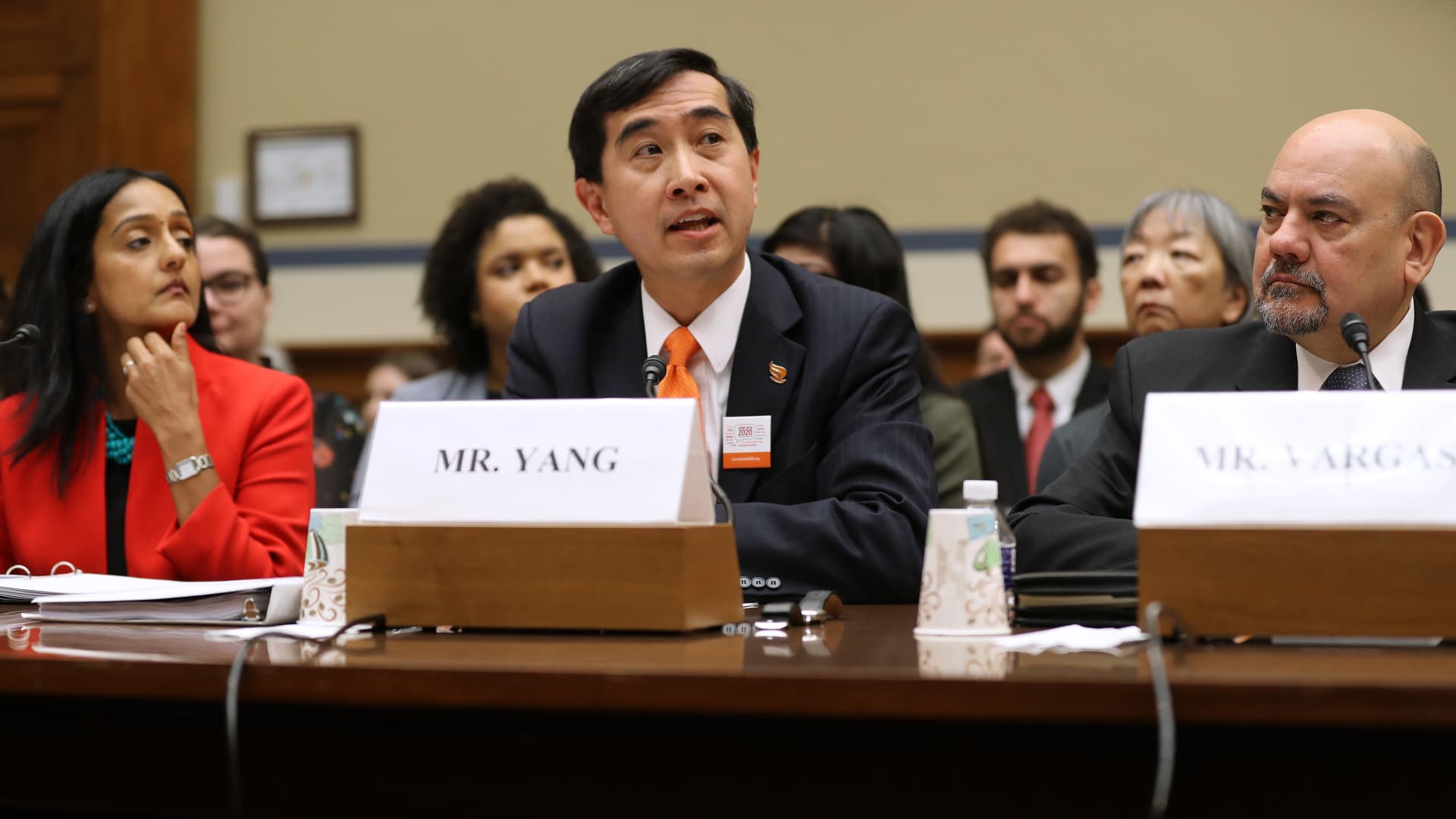Asian Americans Advancing Justice Executive Director John Yang, center, testifies before the House Oversight and Reform Committee about the 2020 census in the Rayburn House Office Building on Capitol Hill January 09, 2020 in Washington, DC.