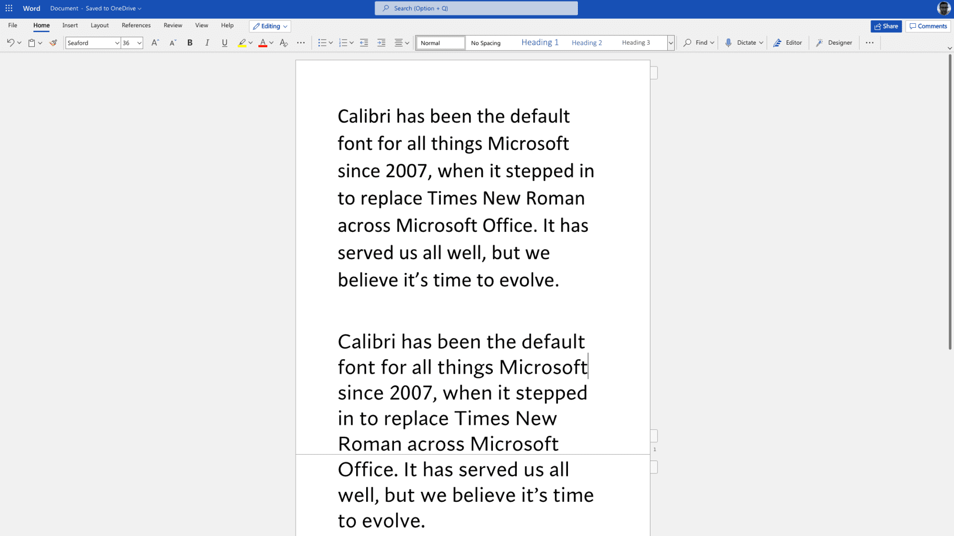 The five new fonts Microsoft commissioned are available in Word for Office 365 subscribers. The first paragraph of text is shown in Calibri, and the second paragraph appears in the new Seaford font.