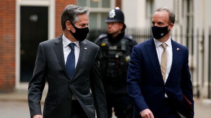 U.S. Secretary of State Antony Blinken (L) and British Foreign Secretary Dominic Raab (R) walk along Downing Street in London, United Kingdom on May 03, 2021.