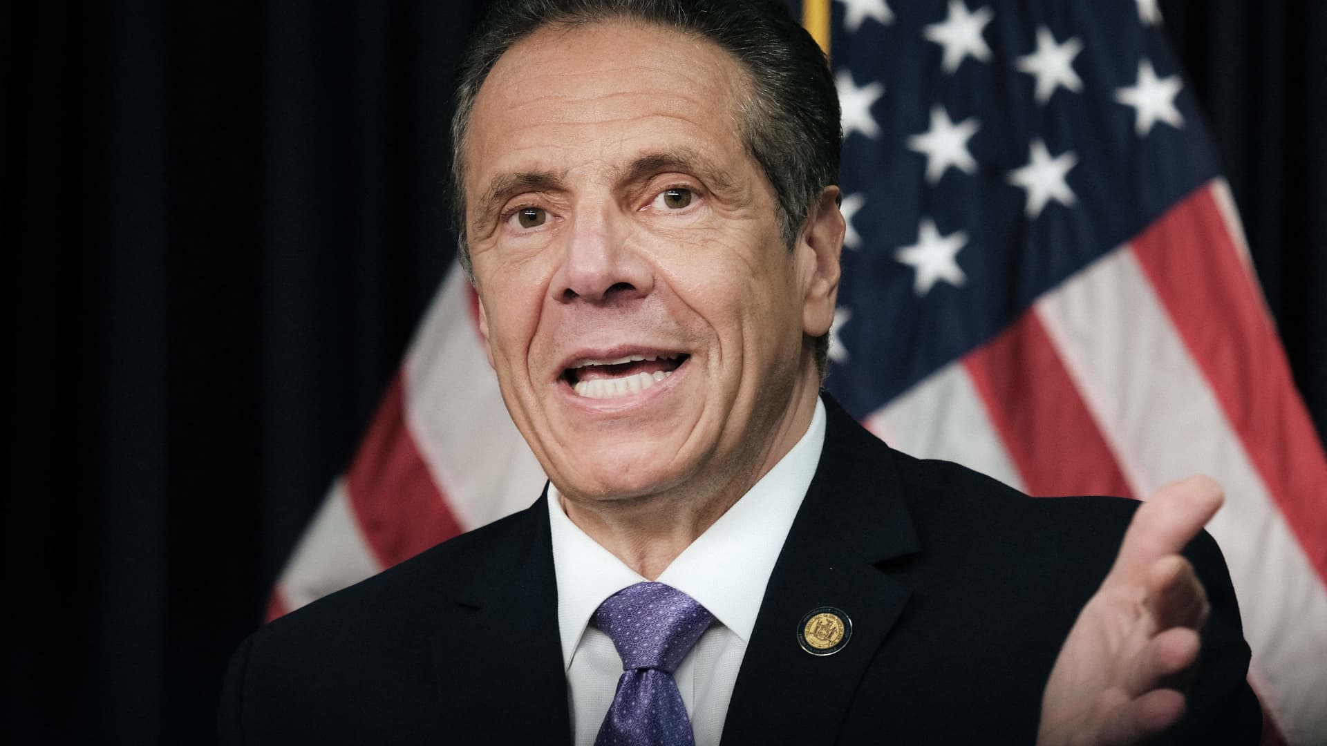 New York Governor Andrew Cuomo speaks to the media at a news conference in Manhattan on May 5, 2021 in New York City.