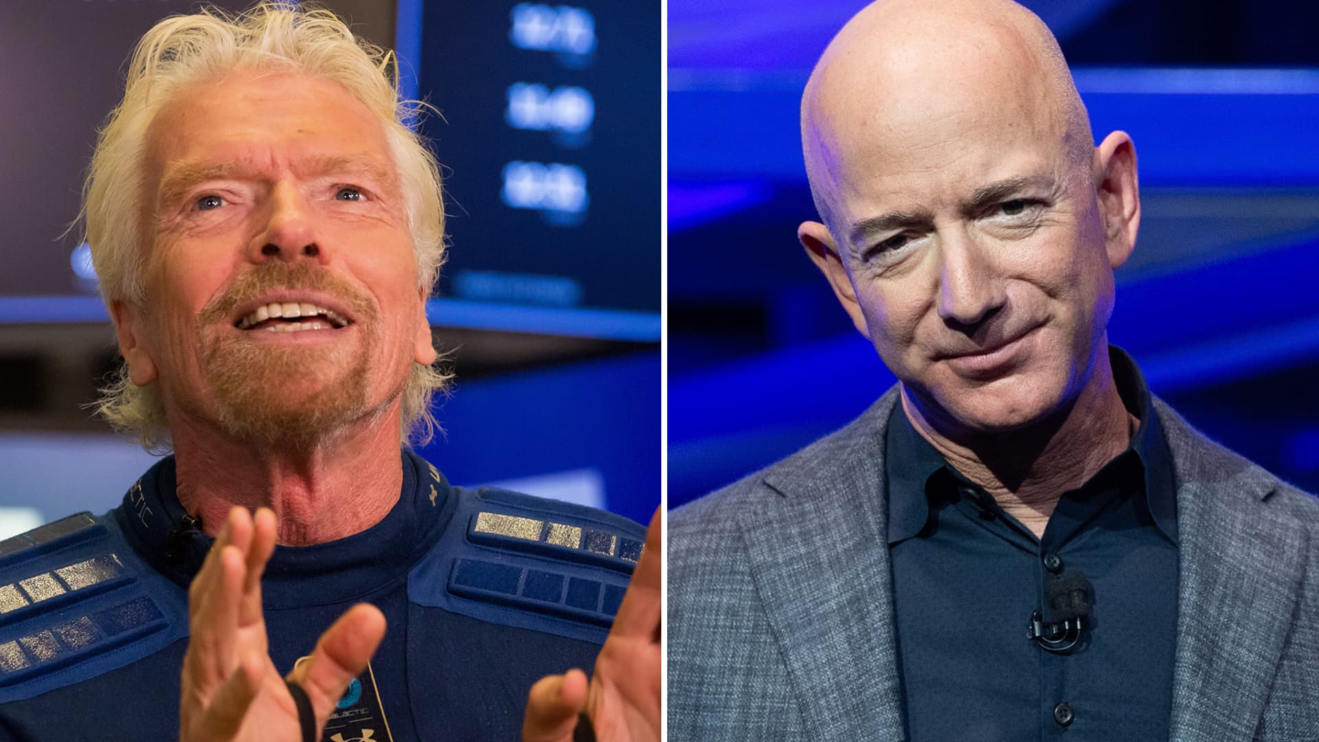 Virgin Galactic's Sir Richard Branson (L) and Blue Origin's founder Jeff Bezos.