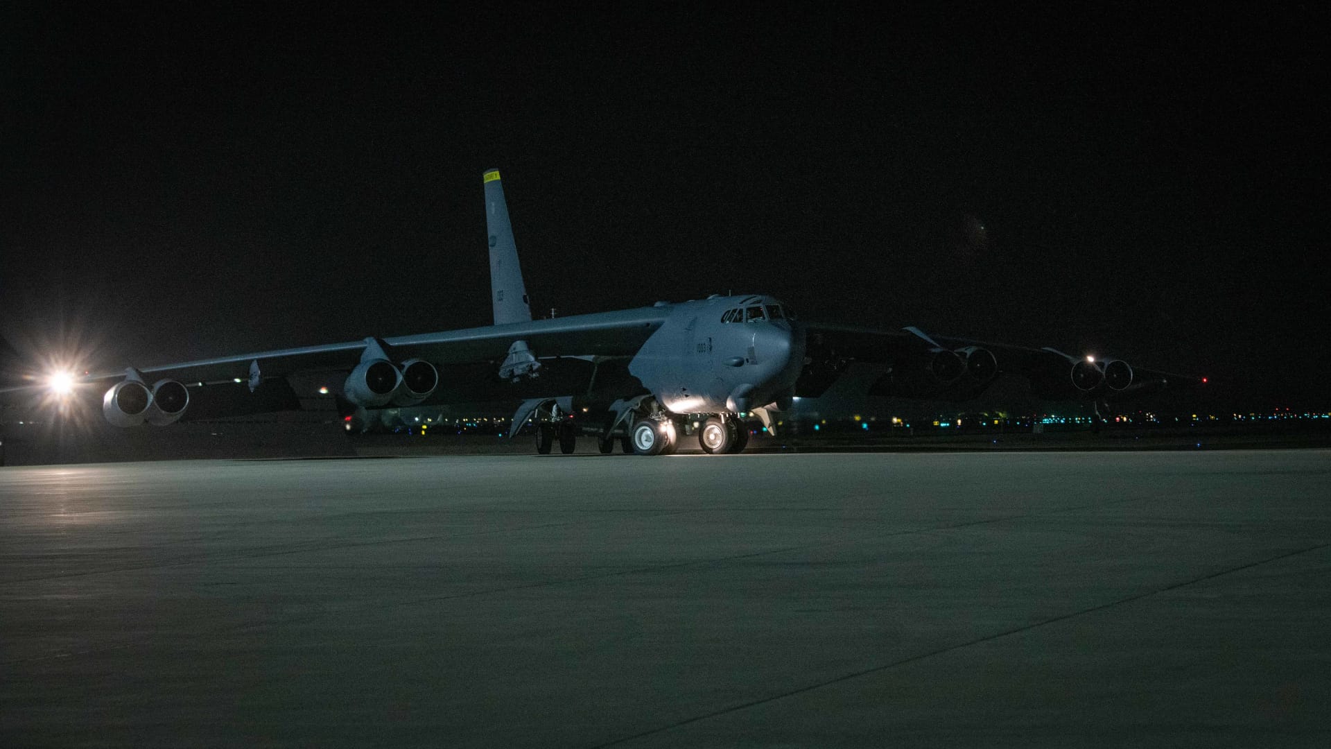 A B-52H Stratofortress aircraft assigned to the 5th Bomb Wing, Minot Air Force Base, North Dakota, arrives May 4, 2021, at Al Udeid Air Base, Qatar.