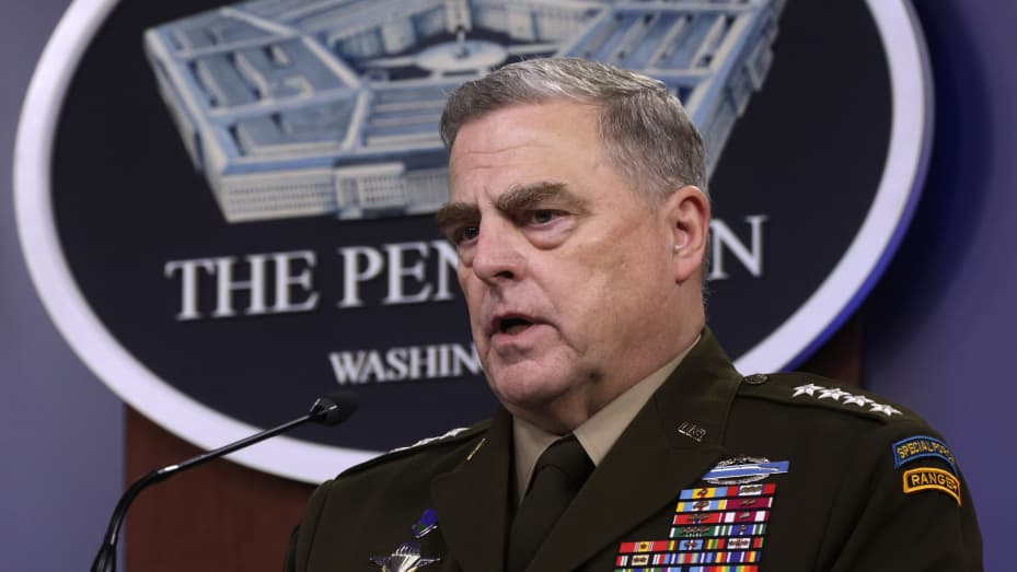 U.S. Chairman of the Joint Chiefs of Staff General. Mark Milley participates in a news briefing at the Pentagon May 6, 2021 in Arlington, Virginia.